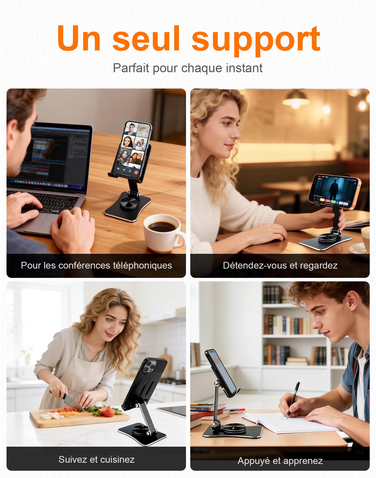 GRIFEMA GB1055 Support Téléphone et Tablette de Bureau Pliable, Rotatif 360°, Ajustable, Alliage d'Aluminium, Compatible 3,5–10,5''