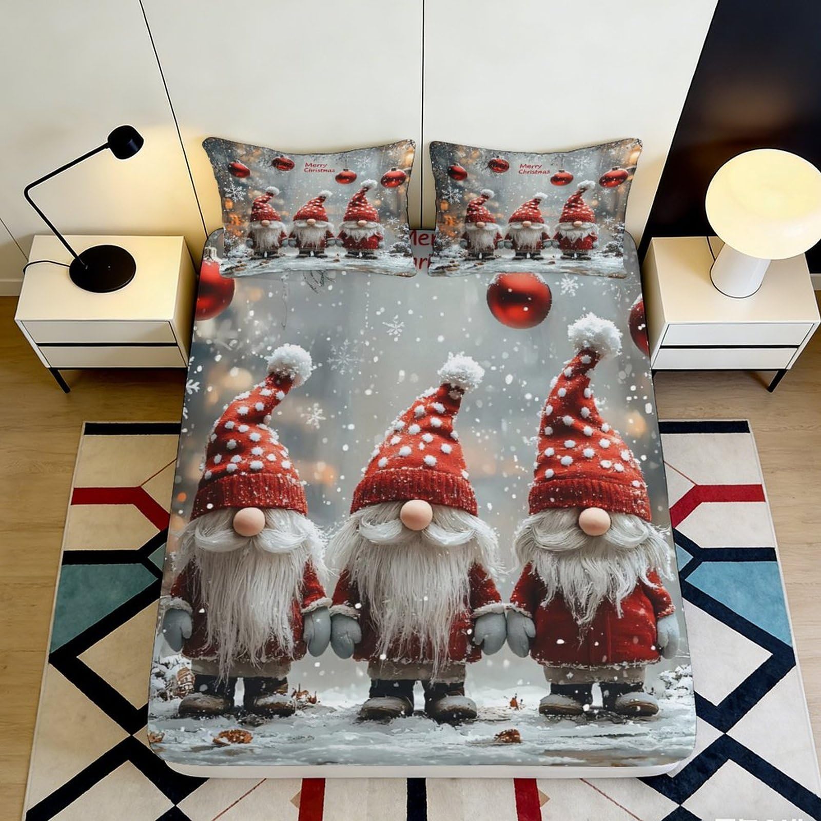 Jqzkxnhpbr Style-3 3D Printed Christmas Gnome Fitted Sheet Microfiber Red Grey Bed Cover For Bedroom Guest Room Decor Mattress Protection 90X200x25cm