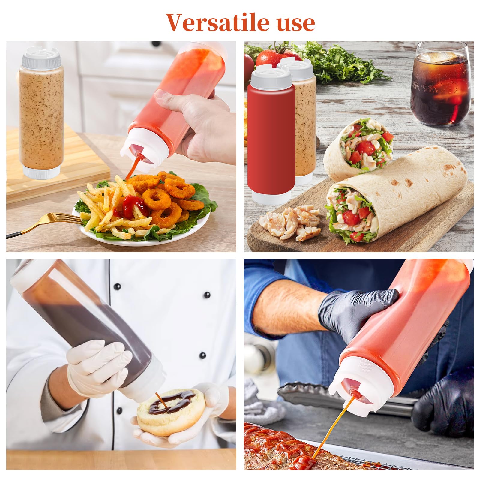 12 botellas exprimibles de condimentos de 32 onzas con etiquetas, botellas recargables transparentes invertidas, dispensador de salsa de plástico para restaurante, cocina, ketchup, aderezo y 4