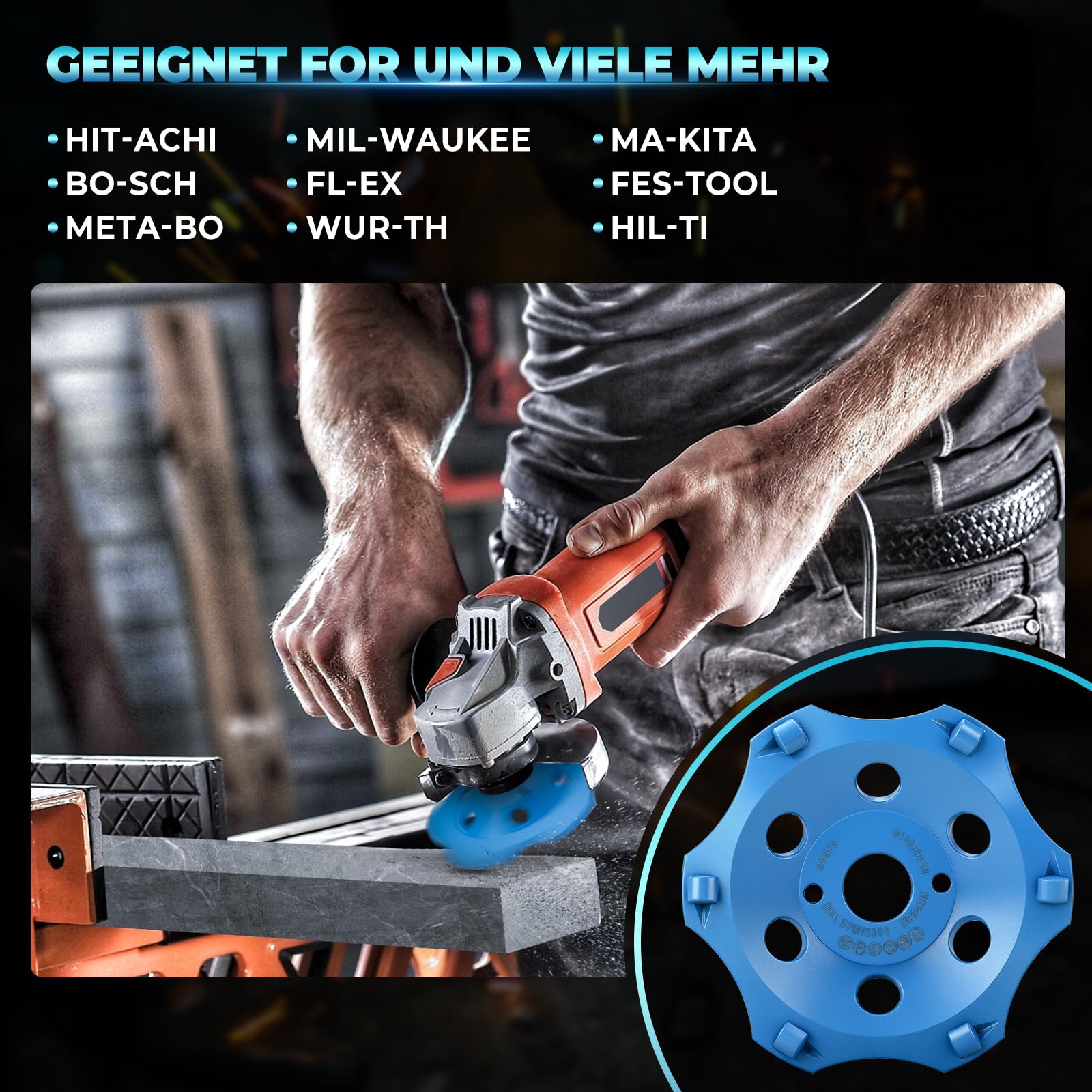 PKD PCD Diamond Schleiftopf 125 mm x 22,23 mm, Hochleistungs-Schleiftopf für Winkelschleifer, Schleifscheibe Schleifteller für Beton, Leich & robuste Beschichtungen (6 segmentos)