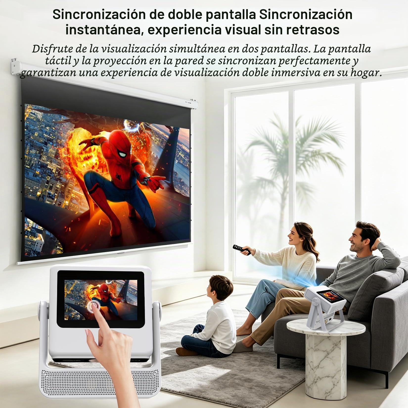 Proyector Inteligente Compatible 4K, Videoproyector Full HD 1080P con Pantalla Táctil, Doble Pantalla, 1200 ANSI, Enfoque Automático, WiFi 6 Bluetooth, 1000+ Apps, para Cine en Casa Dormitorio Camping