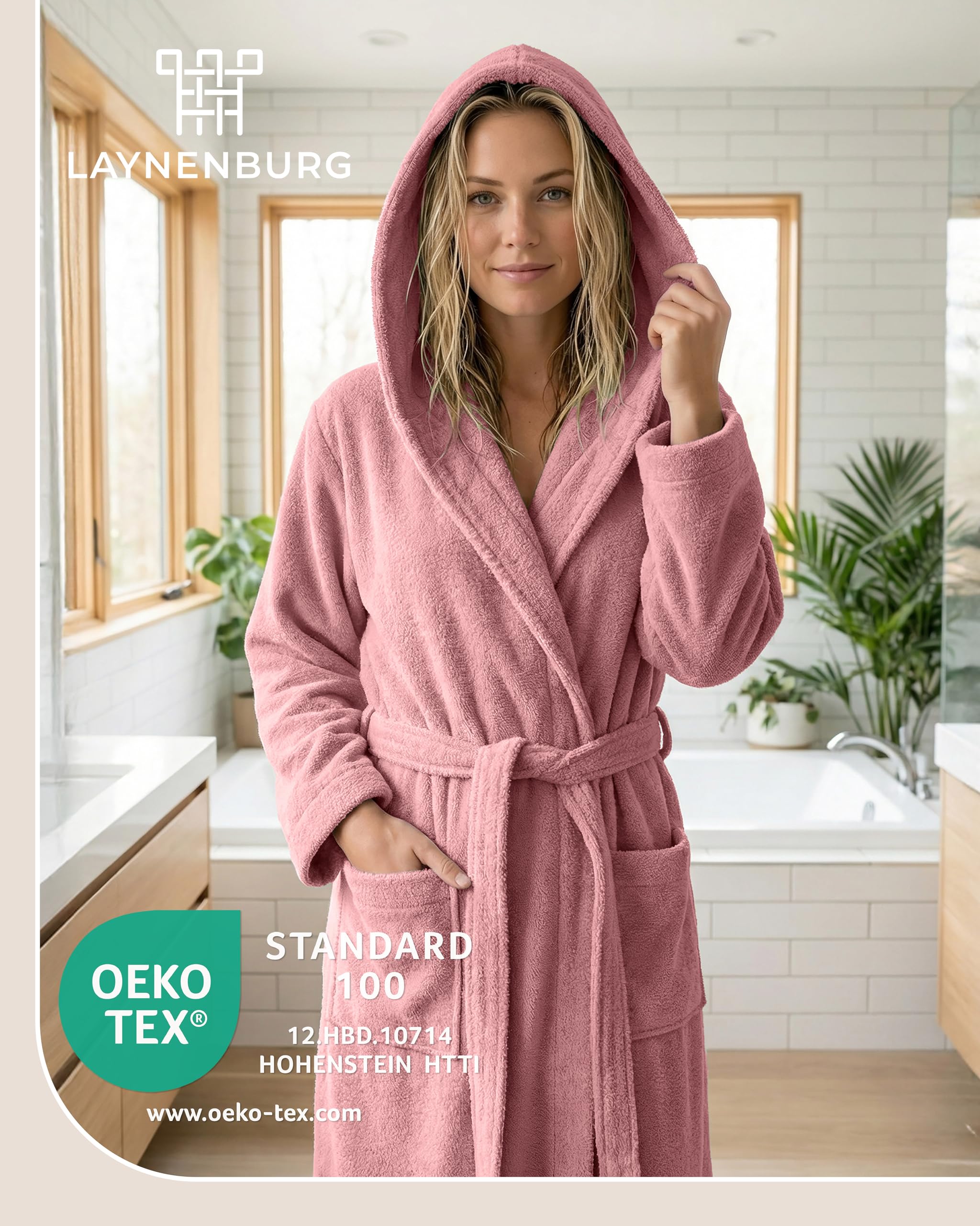 LAYNENBURG Bademantel Damen Frottee aus 100% Baumwolle – OEKO TEX Standard – weicher Morgenmantel langmit Kapuze, Bindegürtel und aufgesetzten Taschen – ideal für Sauna & Zuhause (S-XXXL)