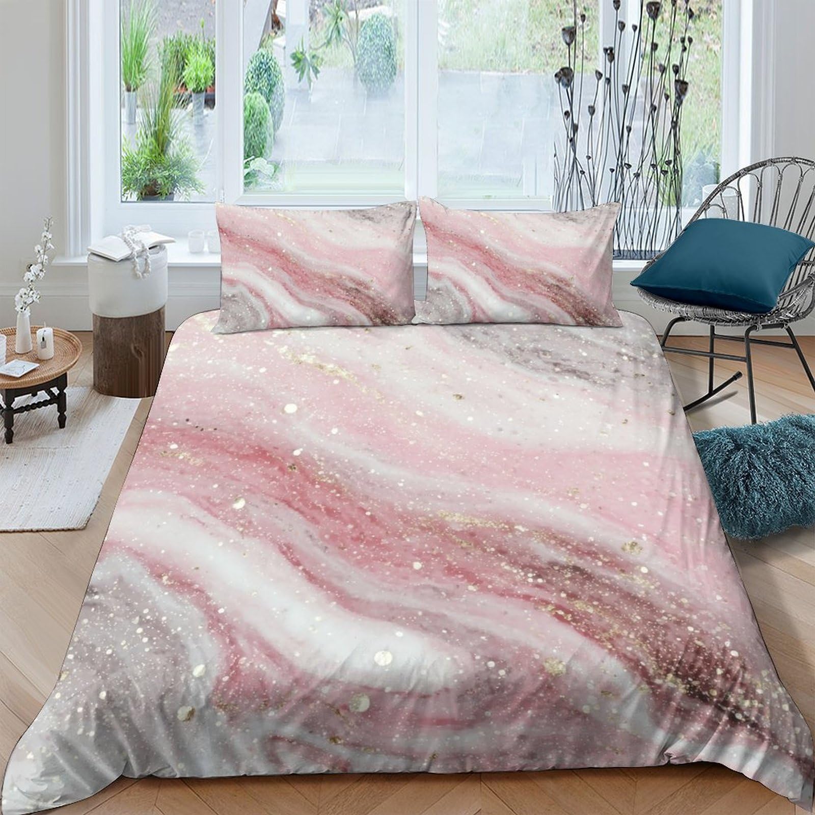 TUFRTGYHN 3D Printed Pink Marble Duvet Cover Microfiber Soft Breathable Swirl Bedding Set with 2 Pillowcases for Bedroom Decor Single（135x200cm）