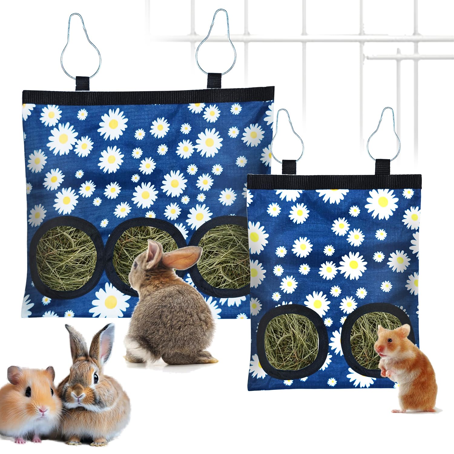 2 Pcs Rabbit Hay Feeder Bag, Hanging Hay Feeder for Small Pets - Guinea Pigs, Rabbits, Chinchillas, Hamsters - Washable Bunny Hay Bag with 2&3-Hole Design (Daisy)