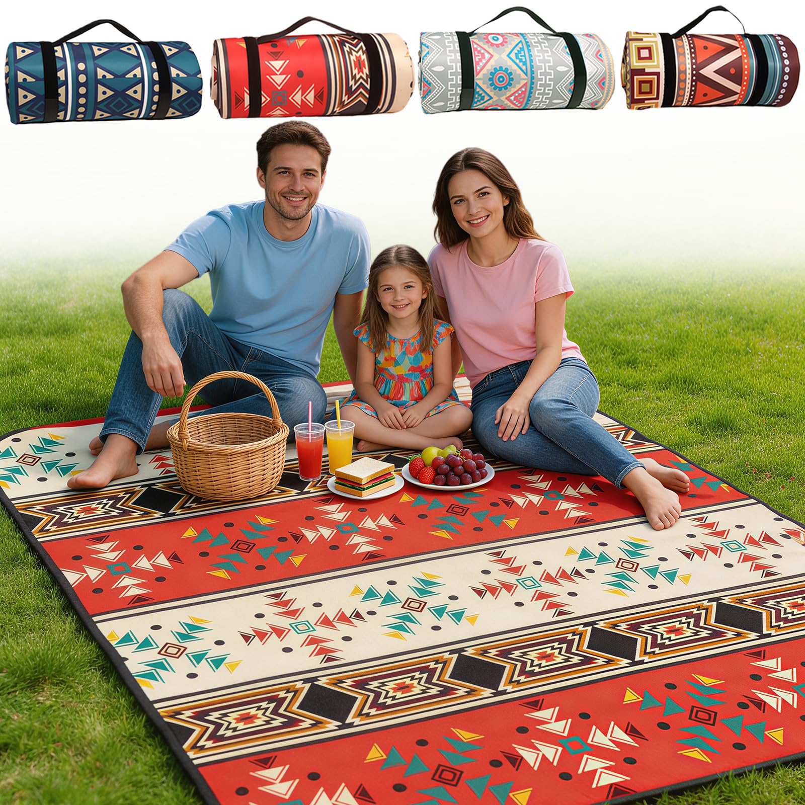 NBOUOU Picnic Blanket Waterproof, Picnic Camping Mat, Beach Mat Blanket with Carrying Strap, Camping Blankets Rug for Outdoor Rug Activities, Park, Hiking Seattle Bohemian 150x200 cm (Red)