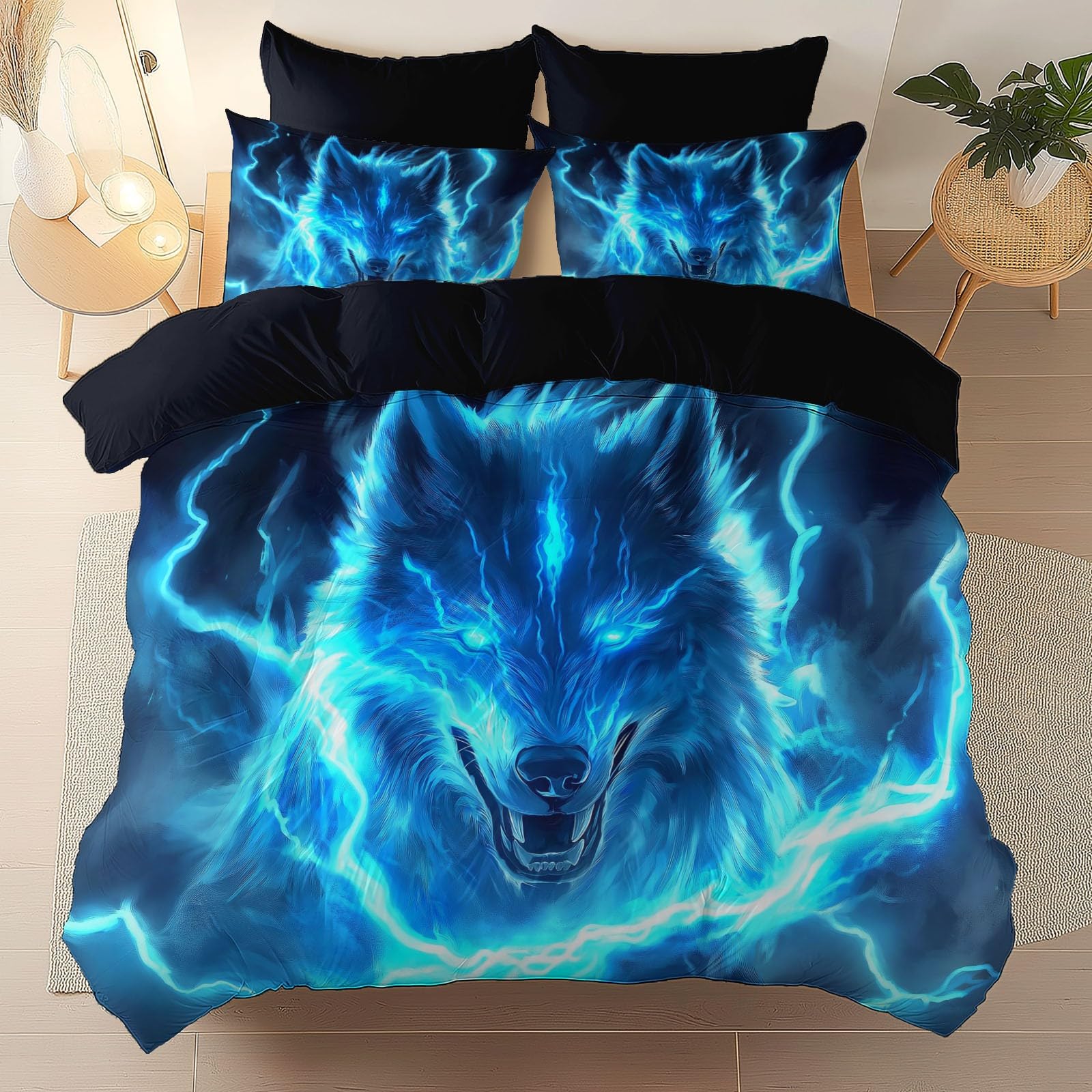 Dwustronna poszwa na kołdrę 240 x 260 cm, magiczny wilk z zamkiem błyskawicznym 3-częściowy zestaw, czarna pościel z mikrofibry, bardzo miękka i oddychająca z zamkiem błyskawicznym