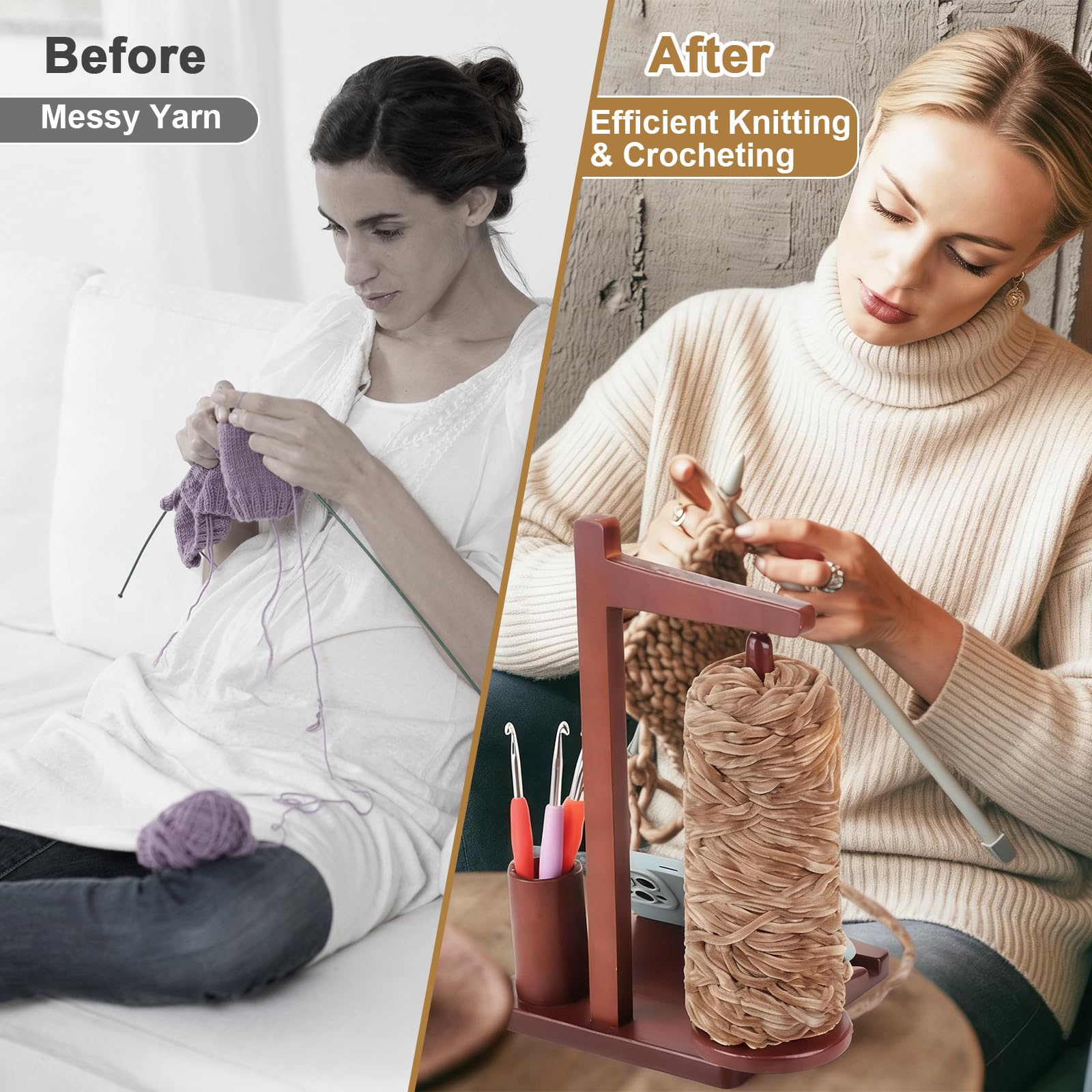 Porta Ovillos Magnético de Madera, Devanador Multifunción con Soporte Móvil & Almacenaje, Accesorio Portátil para Crochet, Tejer, Regalo Perfecto para Manualidades