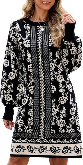 Kedera Womens Knit Sweater Dress Floral Pullover Casual Crewneck Long Sleeve Flower Printed Spring Trendy Dresses Outfit