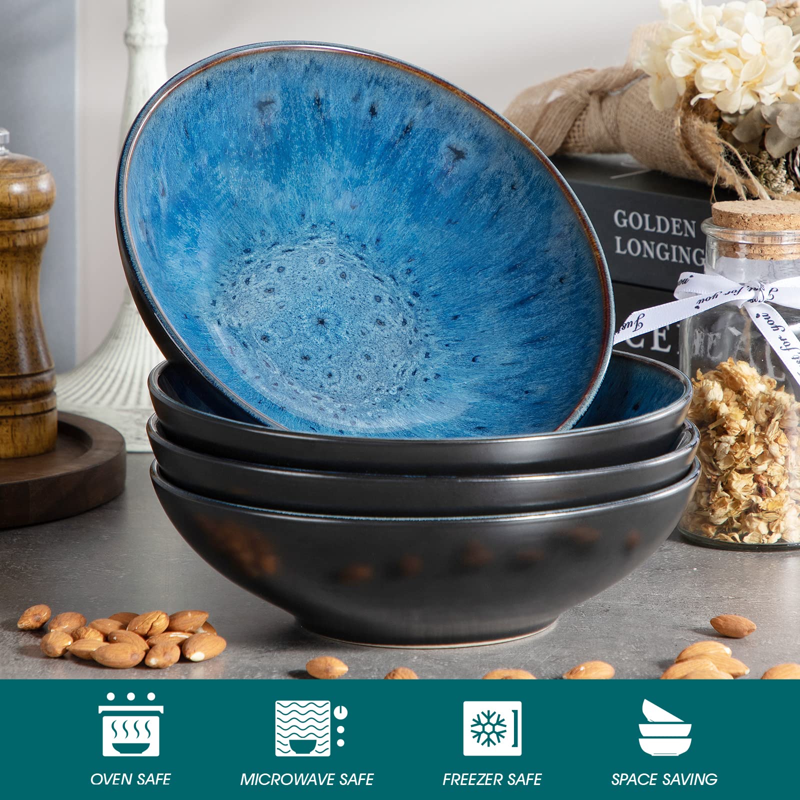 vancasso BUBBLE 8 Platos Hondos Juego de Platos de Gres, Platos Hondos para Sopa | Pasta | Risotto | Ensalada | Postre, Servicio de Mesa, Estilo Vintage Azul
