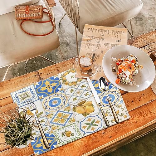 Miniatura 2 de visesunny Juego de 4 manteles individuales para decoración de escritorio, patrón cuadrado, limón, Sicilia, amarillo, azul, estampado, juego de 4