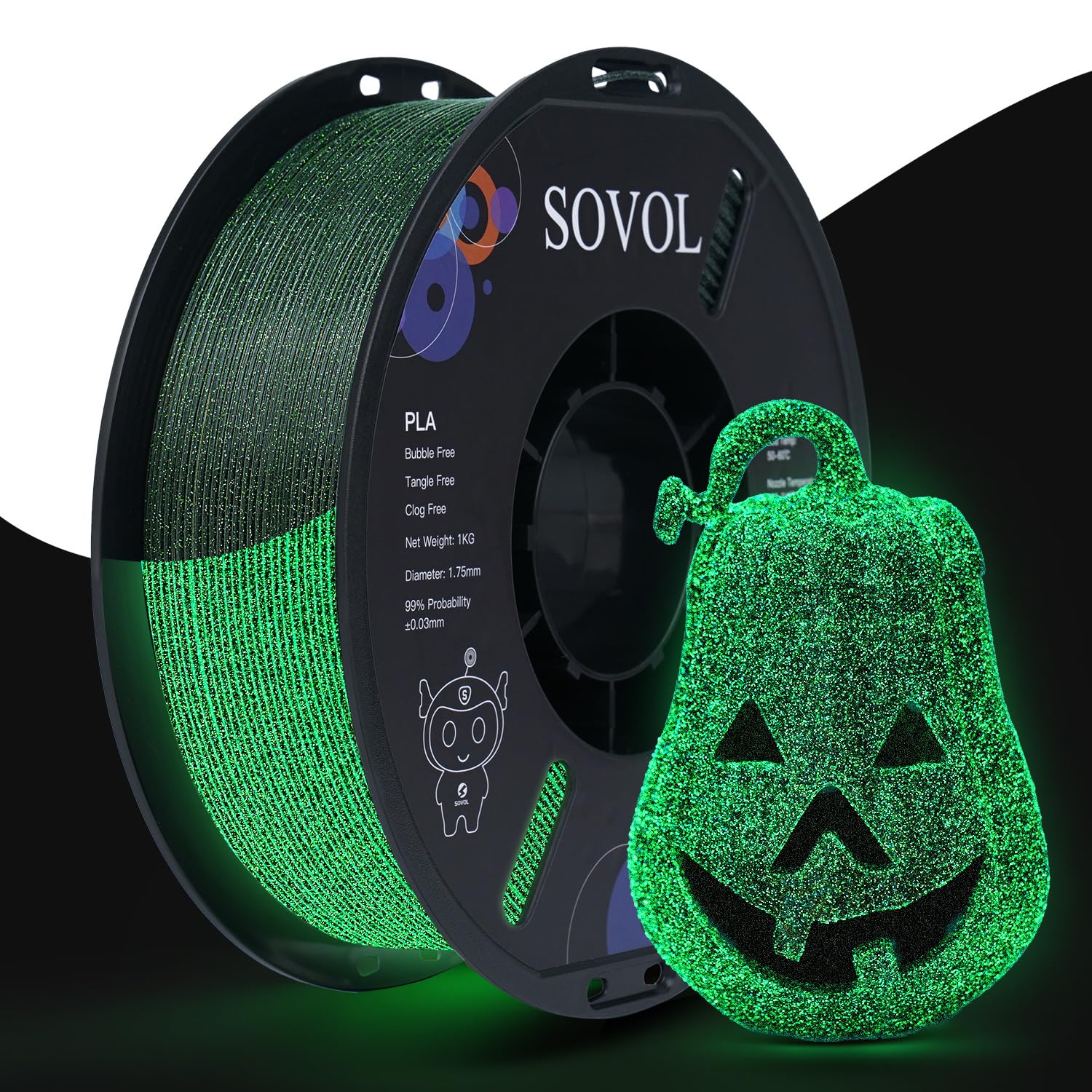 Sovol PLA Glow in The Dark Filament 1.75mm 1kg Grün, 3D Drucker Filament, Maßgenauigkeit +/- 0,03 mm, am besten mit UV-Lampe