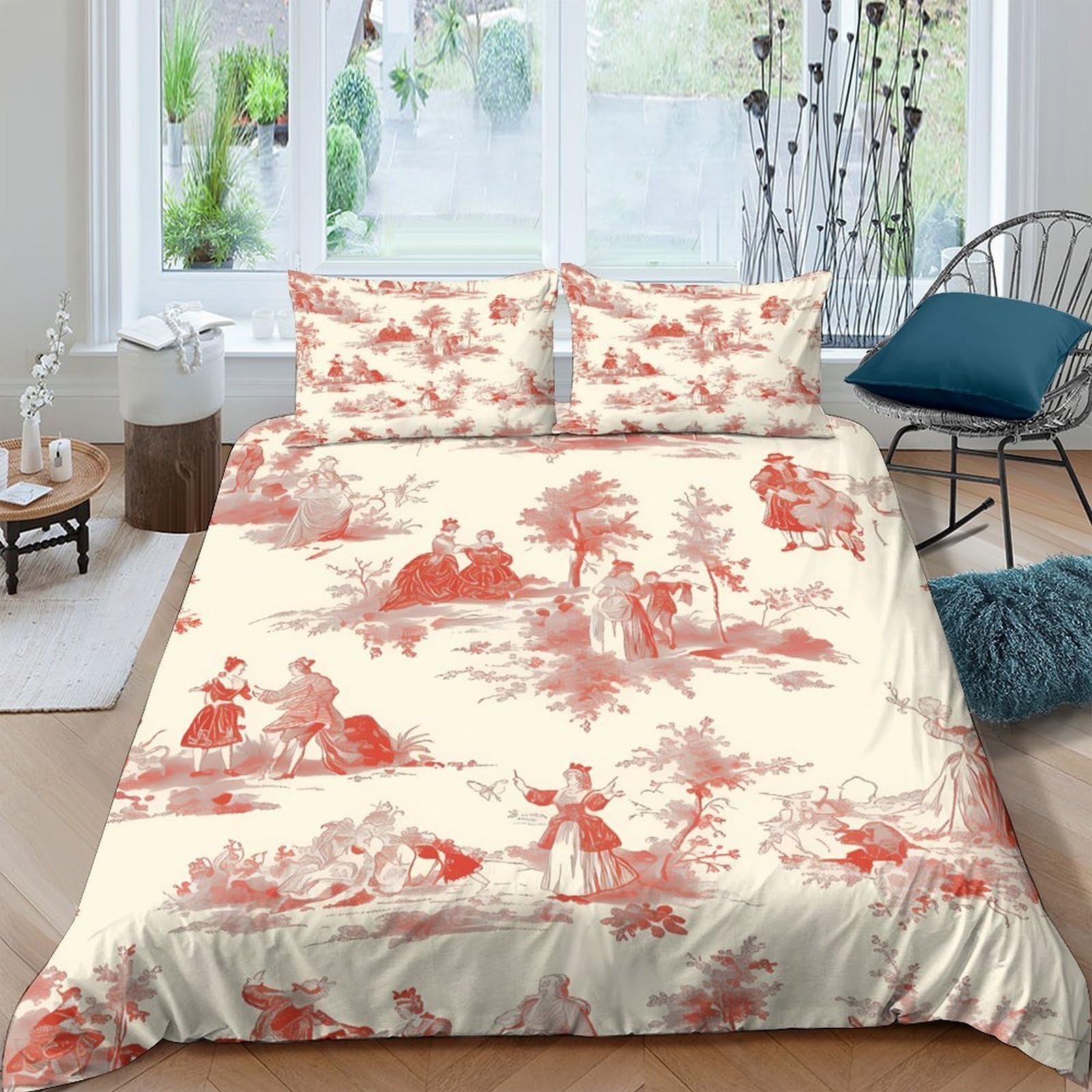 Ctjqhvkz Style-4 3D Printed Vintage Toile Fitted Sheet Microfiber Red Pastoral Scene Bed Cover For Bedroom Guest Room Decor Easy Care Single（135X200cm）
