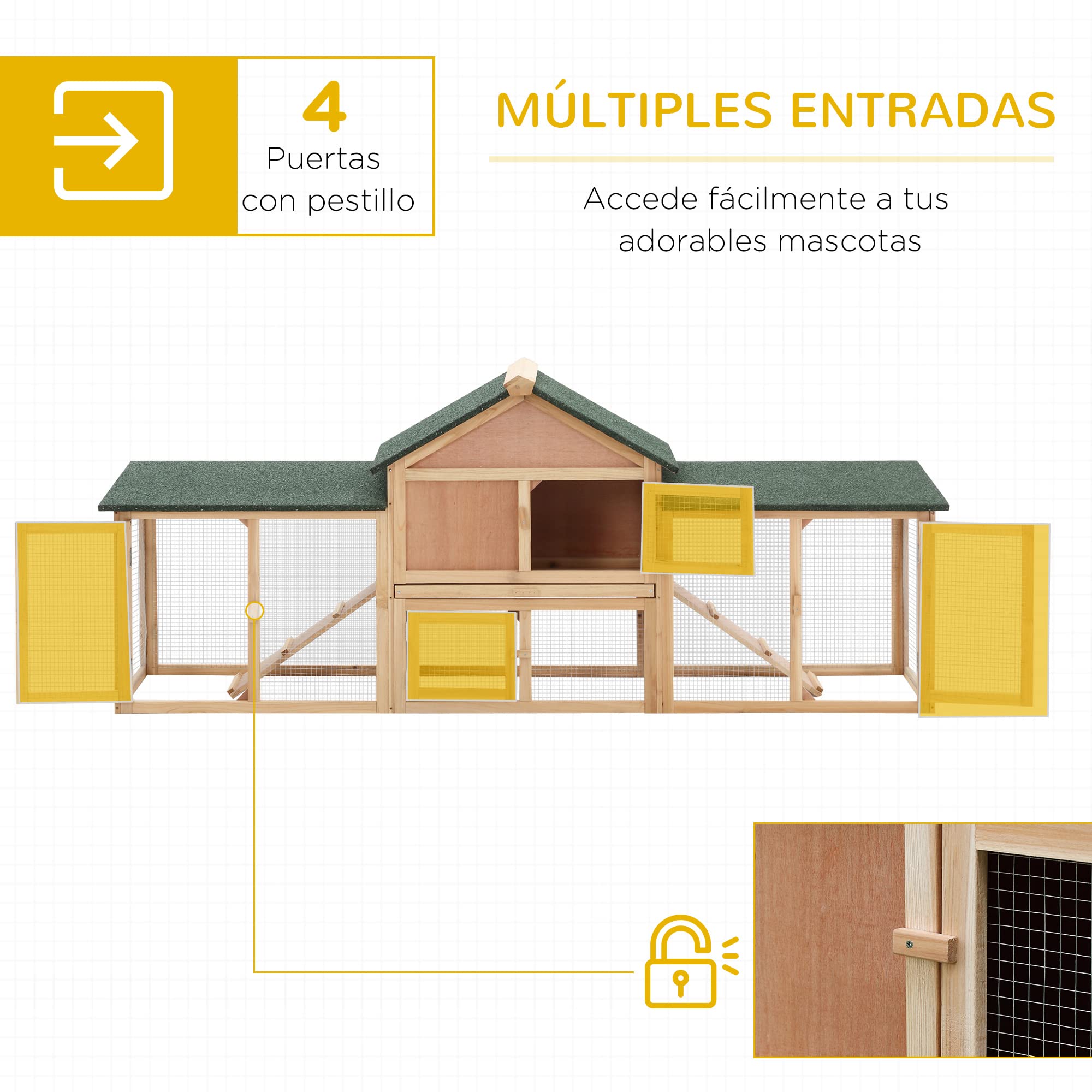PawHut Conejera de Exterior Grande Gallinero Pajarera Granja Casa para Animales Pequeños Jaula Mascota Conejos Gallinero 210x45.5x84.5cm