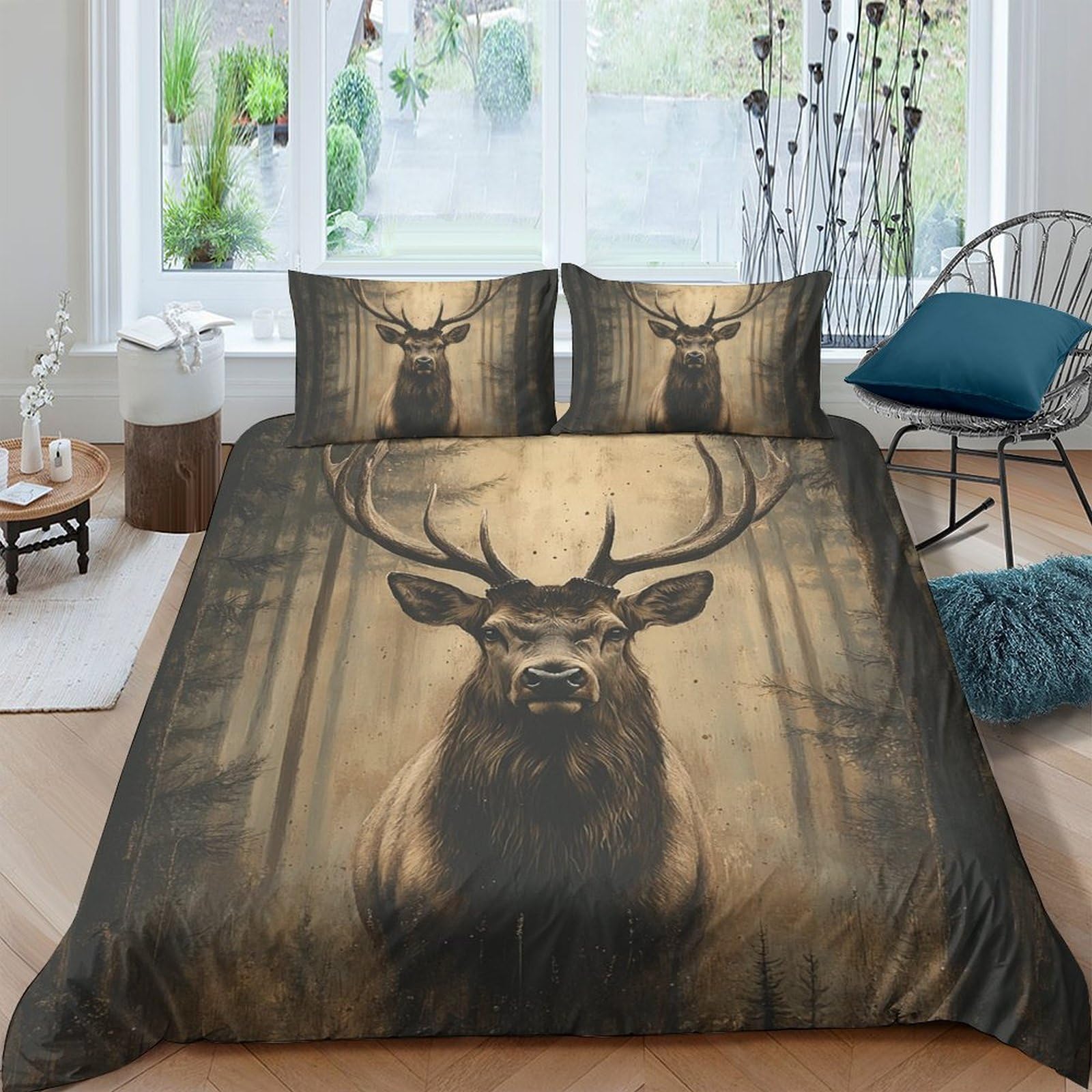 Ctjqhvkz Style-3 3D Printed Forest Deer Fitted Sheet Microfiber Soft Anti-Slip Woodland Stag Mattress Cover Bedroom Decor Washable Single（135X200cm）