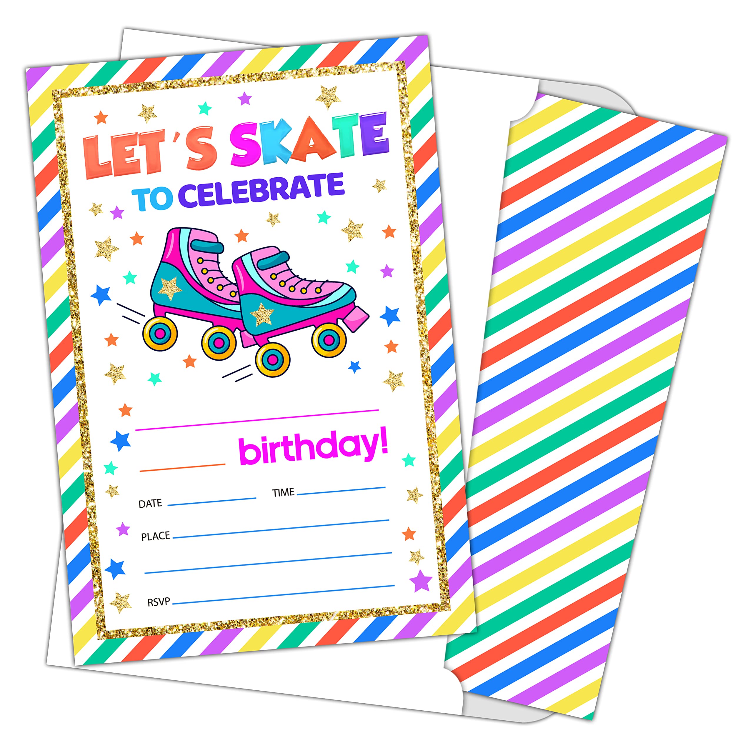 Birthday Party Invitation Cards for Kids, Teens Party Invites Cards, Roller Skate Party Celebration, Birthday Party Supplies, 20 Fill-in Invitation Cards With Envelopes Set -SR A011