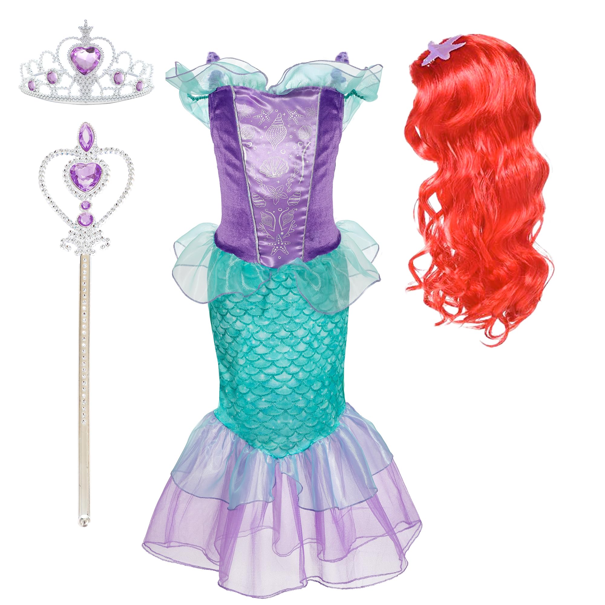 Webeasy Little Mermaid Princess Costume with Wig Crown and Magic Wand, Girls Mermaid Costume for Halloween Cosplay Outfit 2-3 Years
