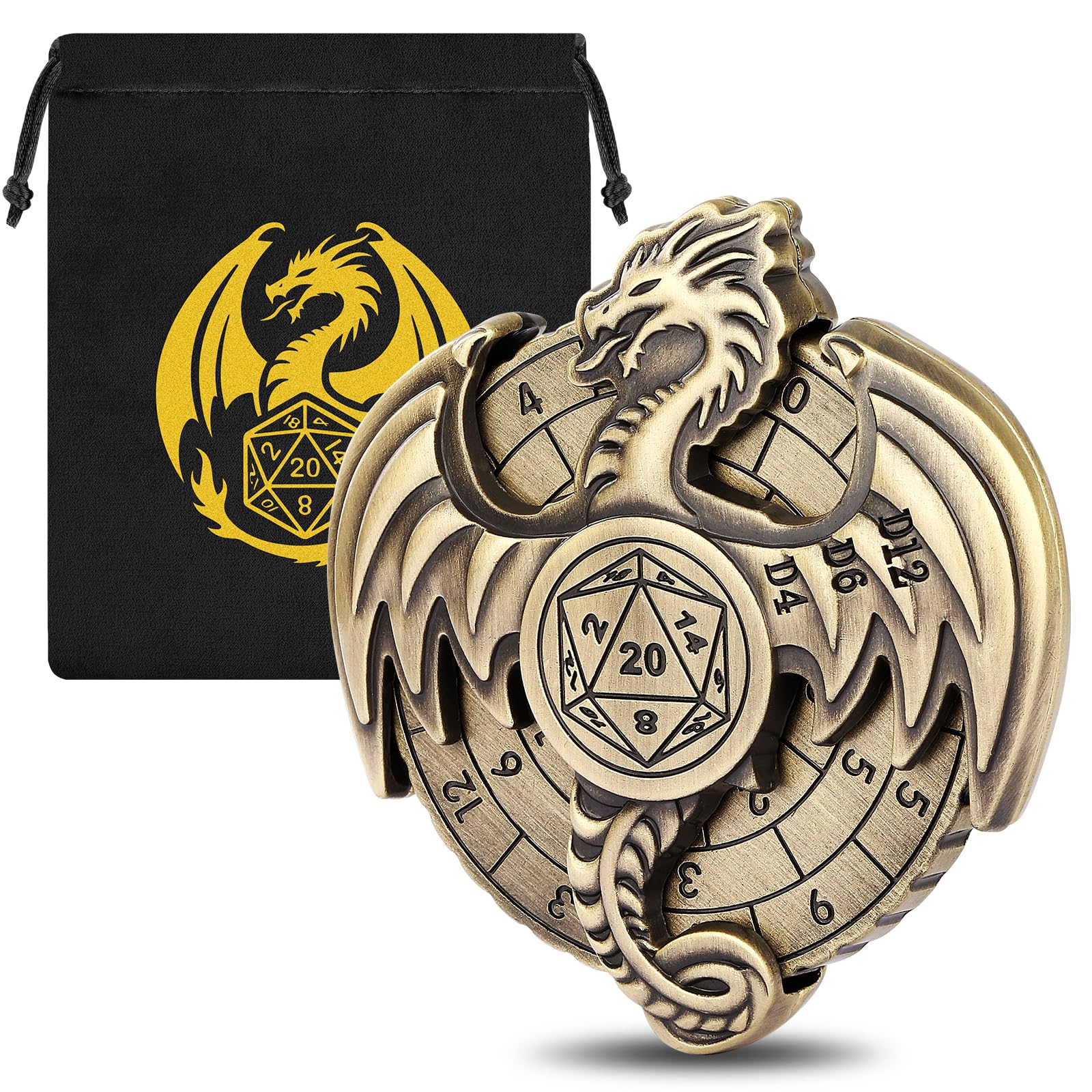 DND Wheel Dice Spiner, Fingertip Gyro, 7-in-1 Dragon Metal D&D Dice, DND Starter Set, Dragon Roulette Dice Spinner, DND Gifts with Dragon Logo Gift Bag, Role Playing Board Game Accessories,Bronze
