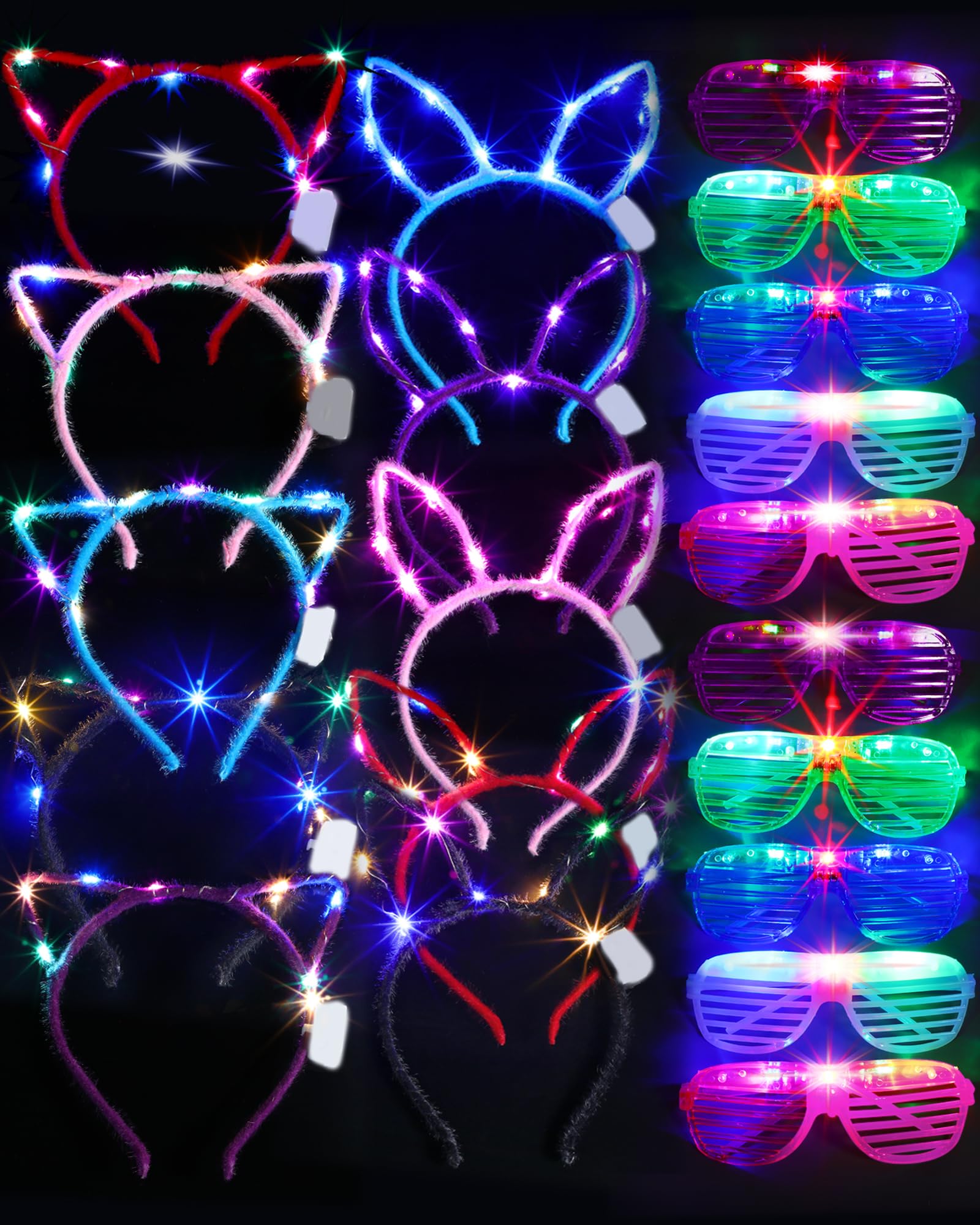 Honoson 20 Pcs Light Up Glasses LED Cats Headband Rabbit Headband for Adults Party Favor Packs(5 Colors)