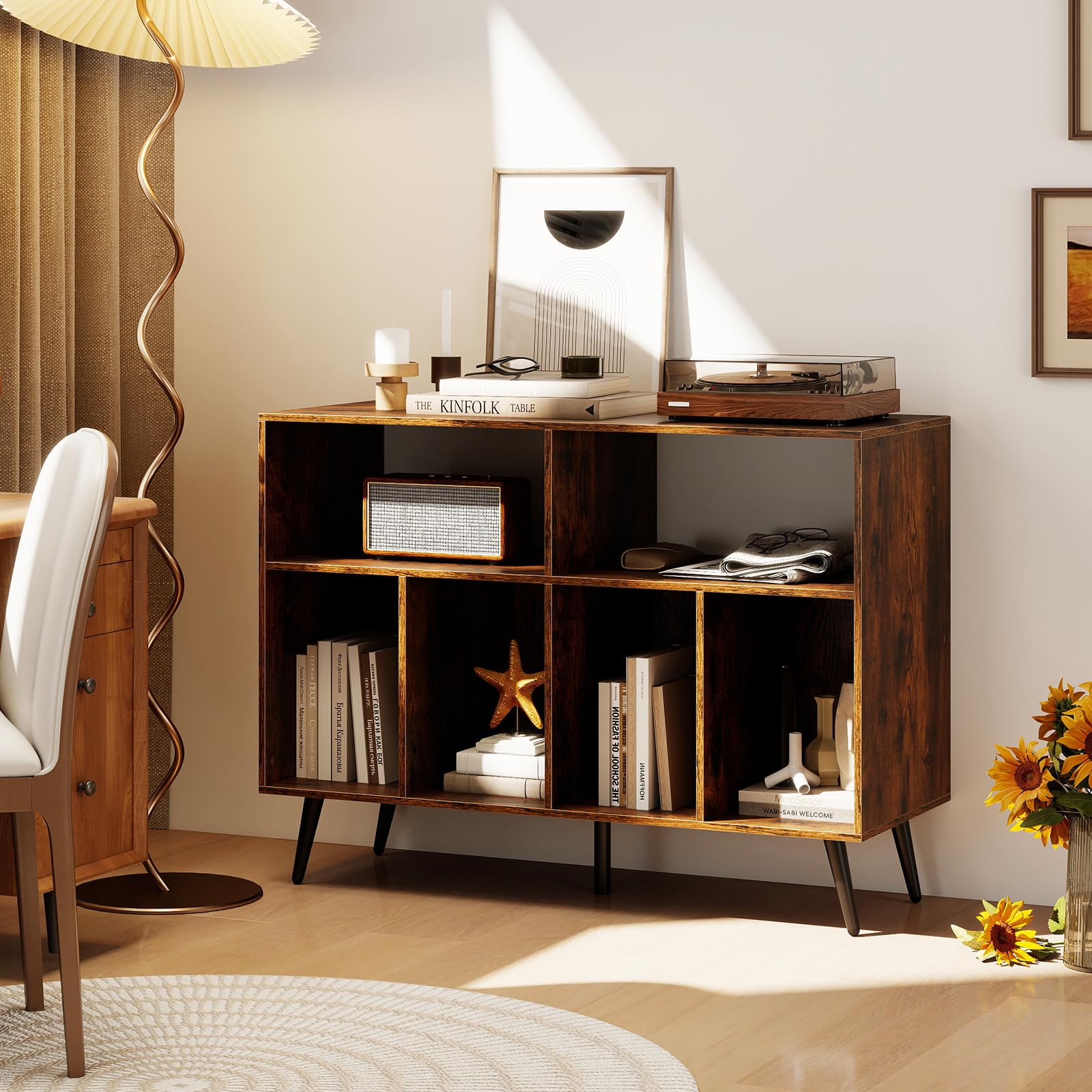 COSTWAY Supporto per Giradischi, Mobiletto per Giradischi a 3 Livelli con Scaffali per Vinili, Tavolino per Dischi con 5 Gambe, Scaffale Espositivo per Soggiorno, Sala Musica (Marrone)
