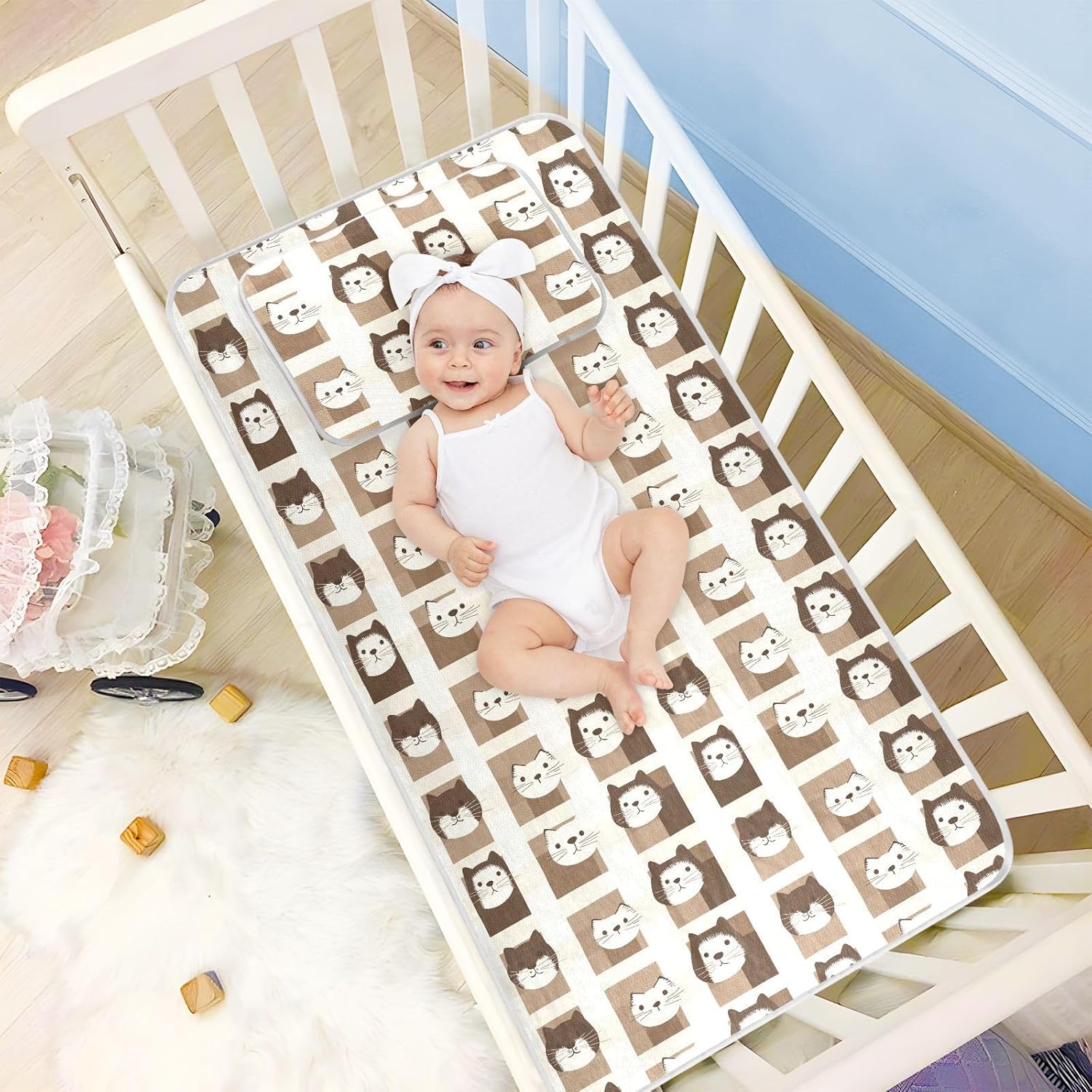 Cooling Baby Crib Mattress Protector 28" x 52" Washable Pads for Bed for Baby&Toddler Brown Cute Cartoon Cats