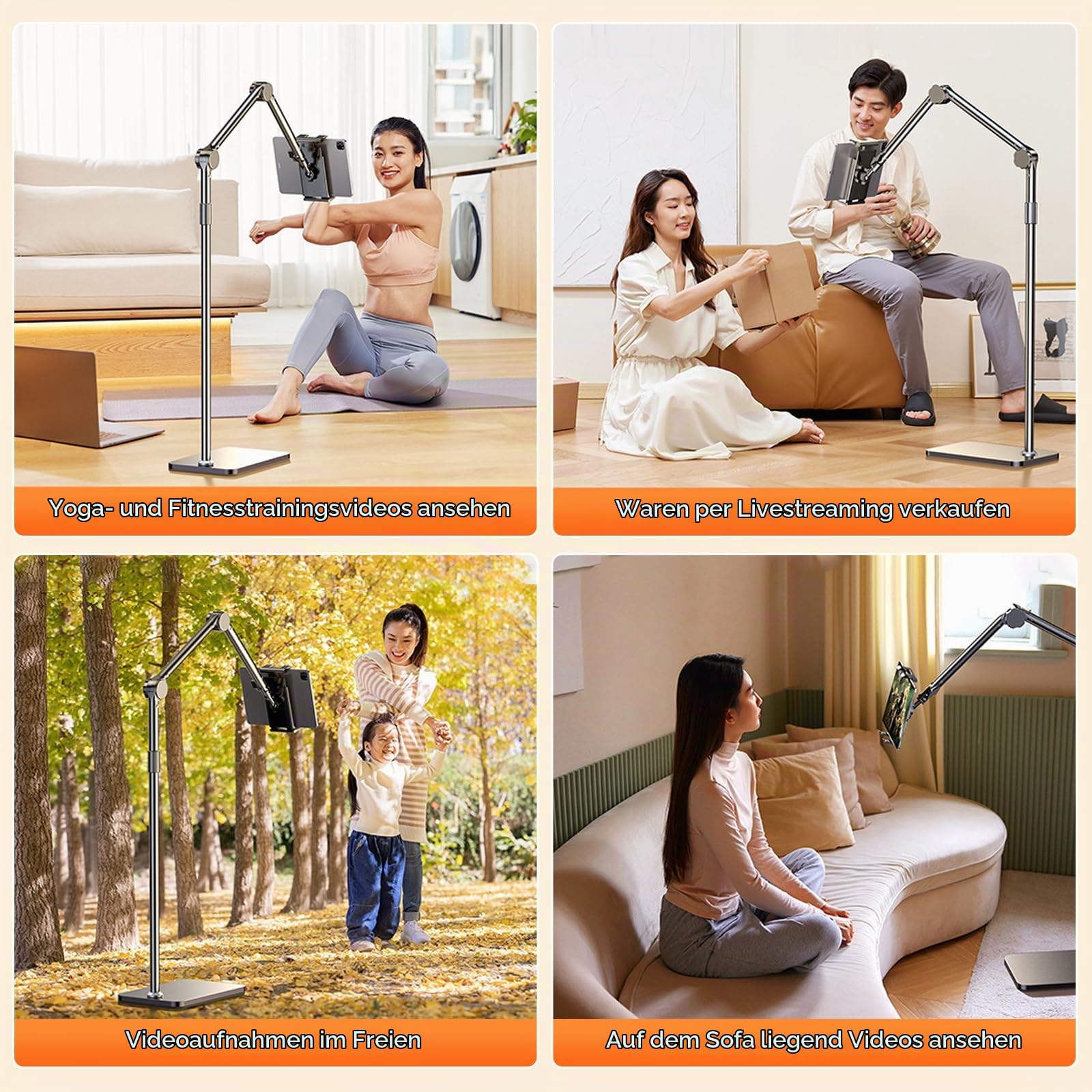 Tablet Bodenständer,Tablet Halterung 360 Grad Drehbar Höhenverstellbarer Metall Tablet Halter mit Ausziehbarer Arm für Zuhause Bett Sofa Kompatibel mit 4-12.8" iPad iPhone Kindle E-Reader (3 Segment)