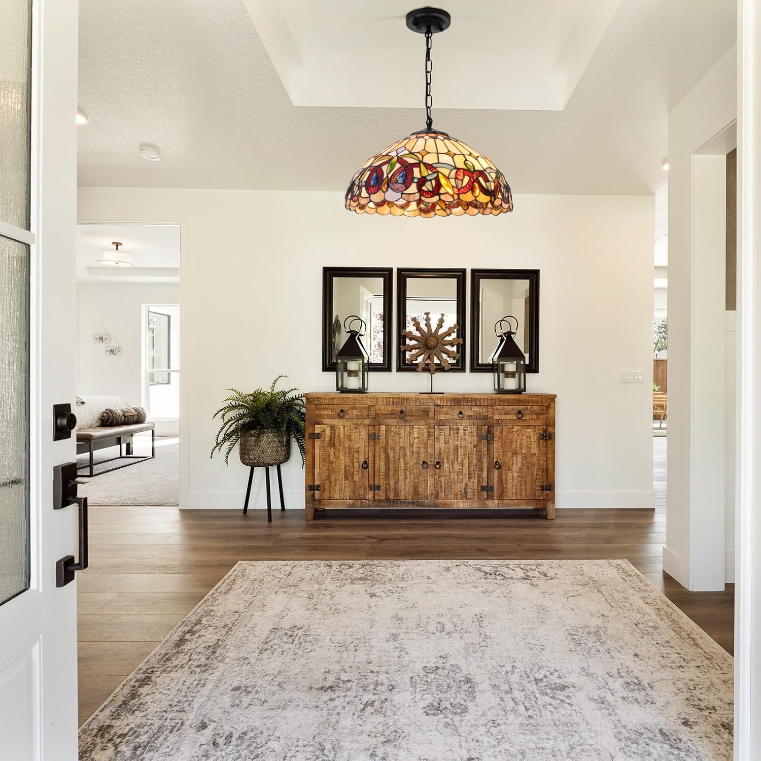 Tiffany Style 2-Light Chandelier 15.7" Vintage Stained Glass Pendant Light Victorian Adjustable Hanging Chandelier Lighting Fixtures for Dining Room Farmhouse Hallway