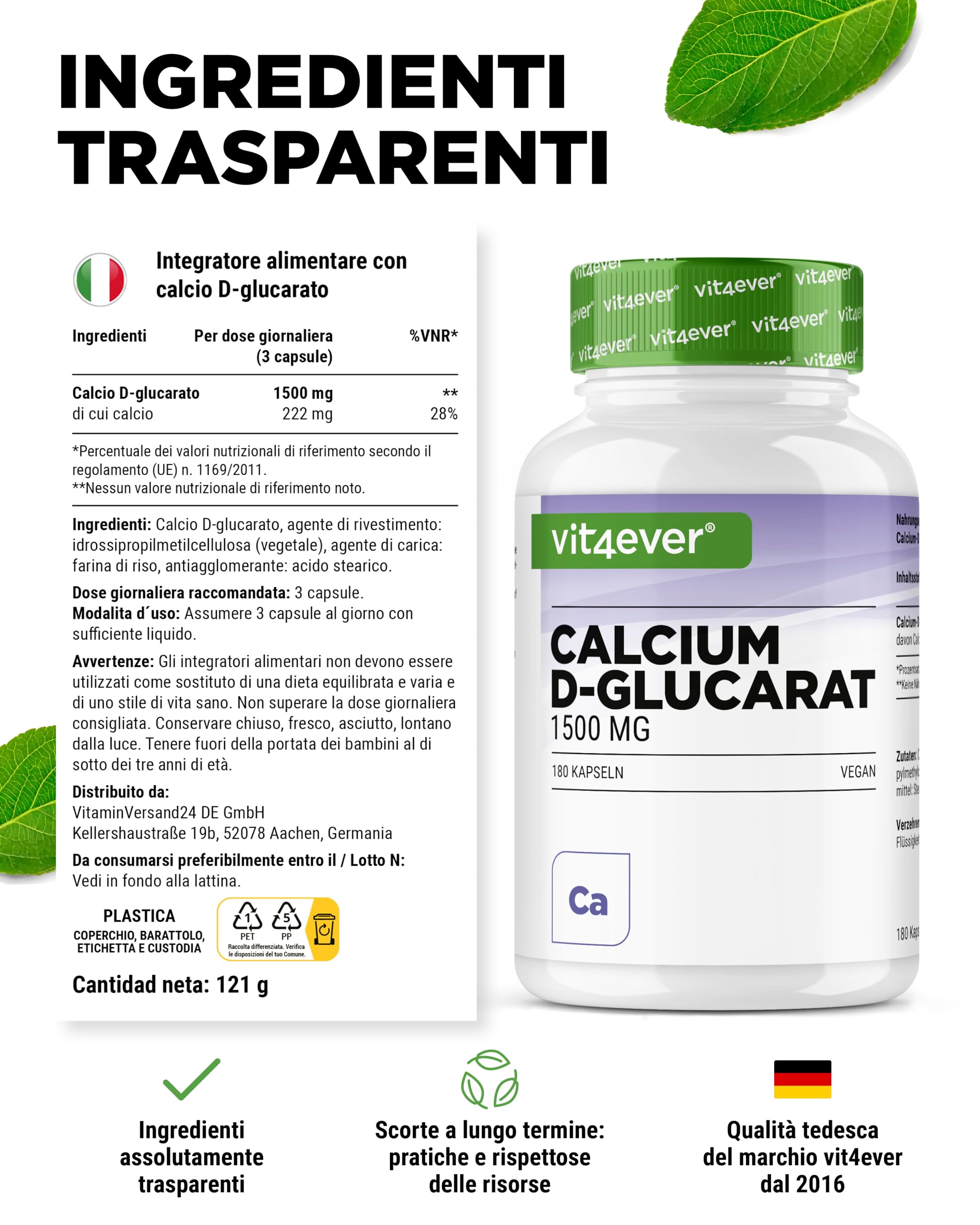 vit4ever Calcium-D-Glucarato 1500 mg – 180 Capsule – Alto Dosaggio – Sale di Calcio dell’Acido D-Glucarico – 222 mg di Calcio (28% VNR) – Vegano & Senza Additivi Inutili