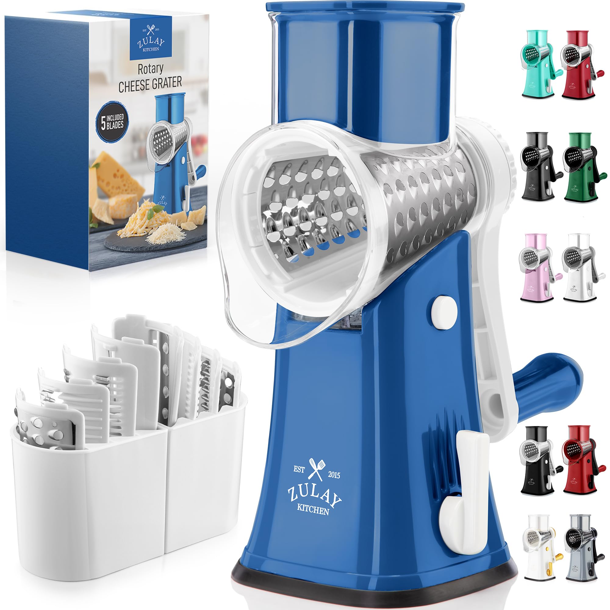 Rotary Cheese Grater Manual Hand Crank 5 Blade Shredder, Blue &amp; White