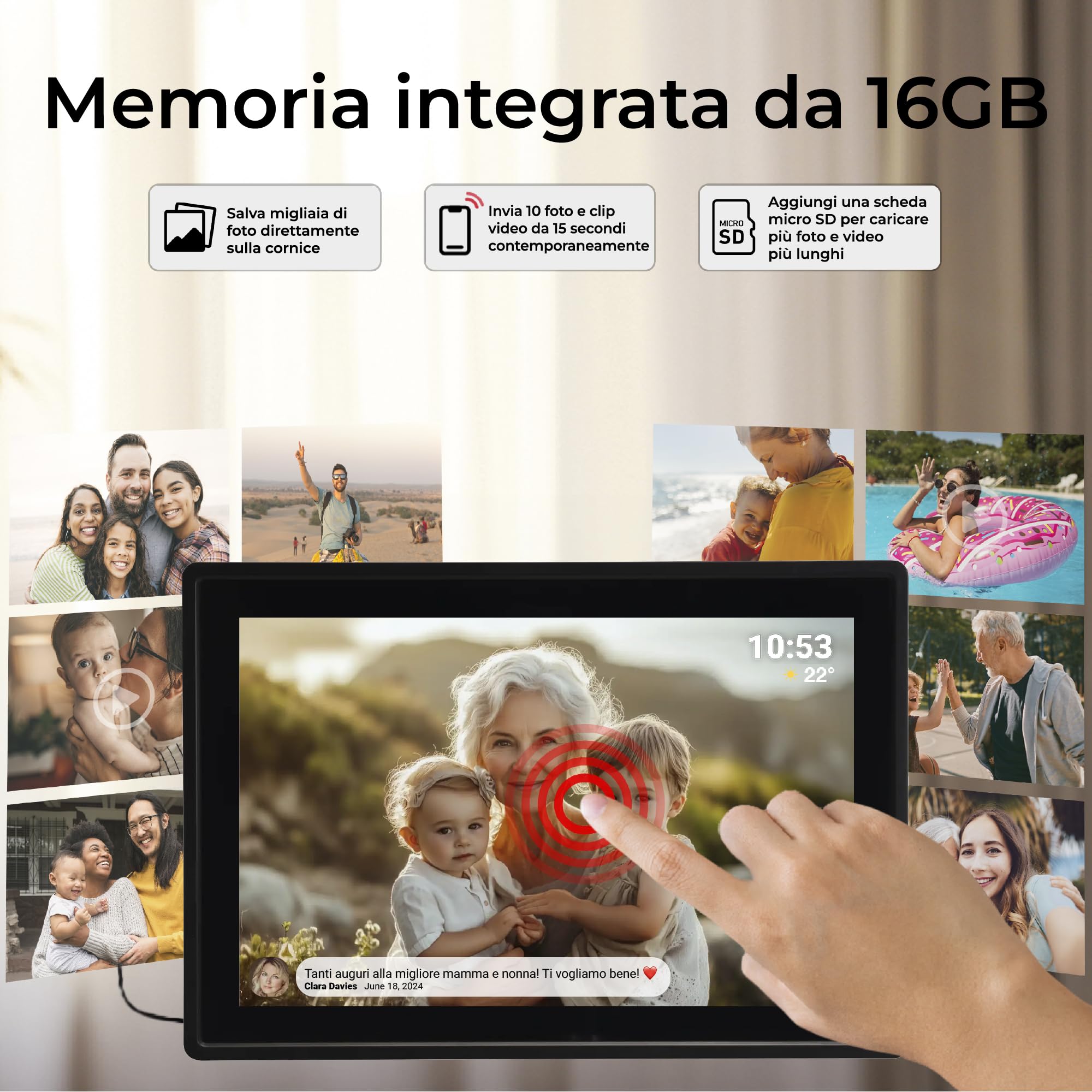 Cornice Digitale 10 Pollici WiFi – Schermo IPS HD 1280x800 – Portafoto Digitale Frameo Denver per Foto e Video – Cornice Elettronica Touchscreen Smart – 16GB Memoria – Slot microSD – Nera