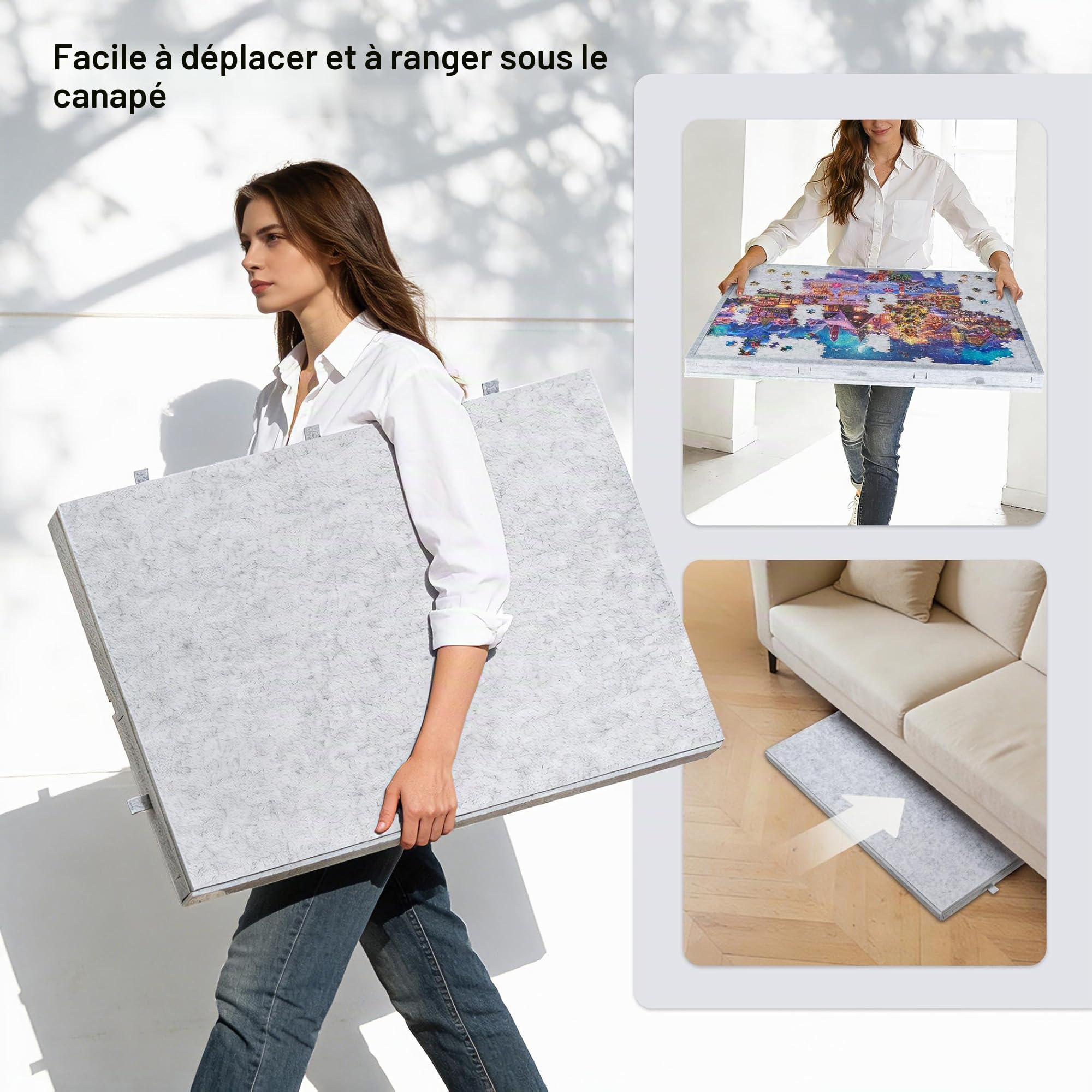 Lavievert Planche de Puzzle Inclinable 2 en 1 Support Housse Plateau Feutre Léger 6 Tiroirs Table Portable 1000 Pièces Gris Clair