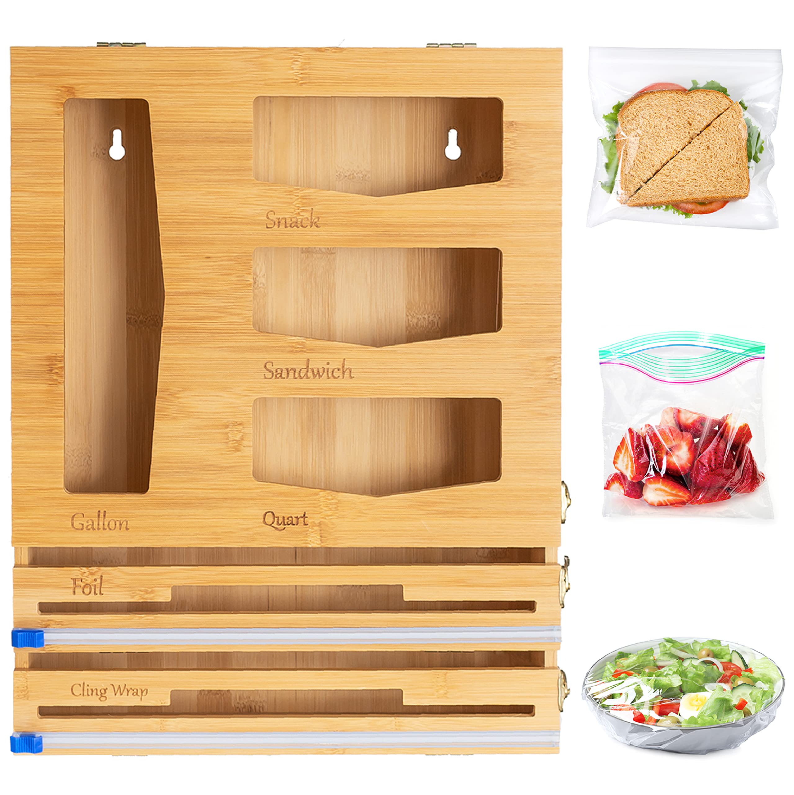 Fluorite Bamboo Kitchen Drawer Organizer for Foil and Plastic Wrap - Ziplock Bag Holder for Drawer - Bag Storage Organizer - Drawer Organizer for Ziplock Bags, Foil, and More