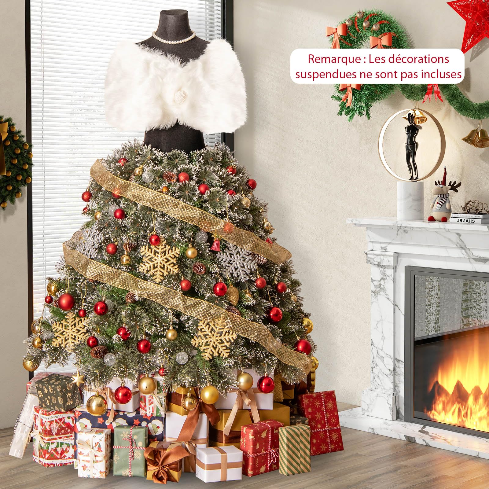GYMAX Sapin de Noël Artificiel 150 cm Lumineux et Mannequin 2-en-1, avec Châle Blanc, Collier, 50 Lumières LED Blanc Chaud, 465 Branches et 36 Pommes de Pin, Décoration pour Magasin, Maison