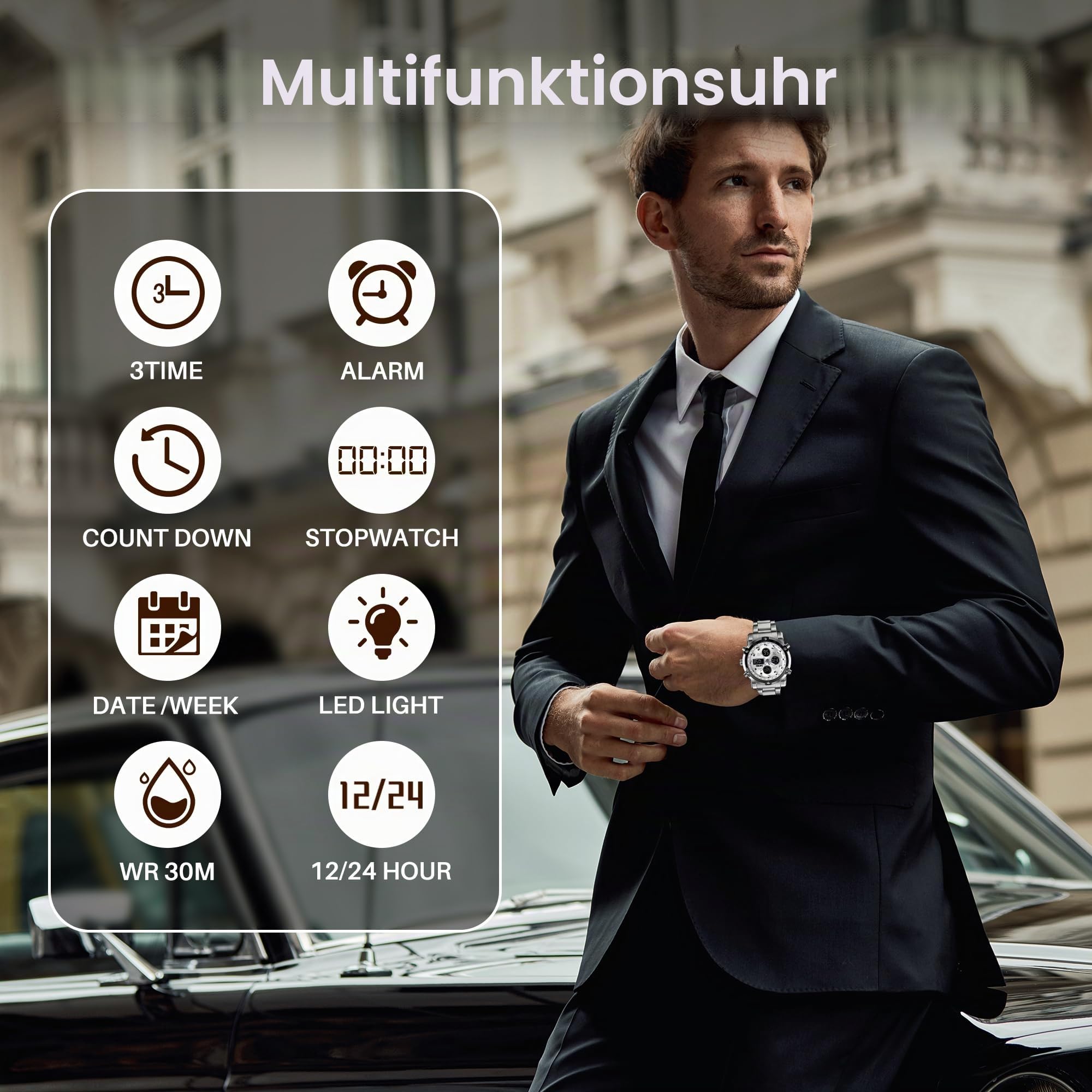 SKMEI Herren-Armbanduhr, wasserdicht, Militär, analog, digital, mit LED, Chronograph, Edelstahl, Business-Uhren für Herren