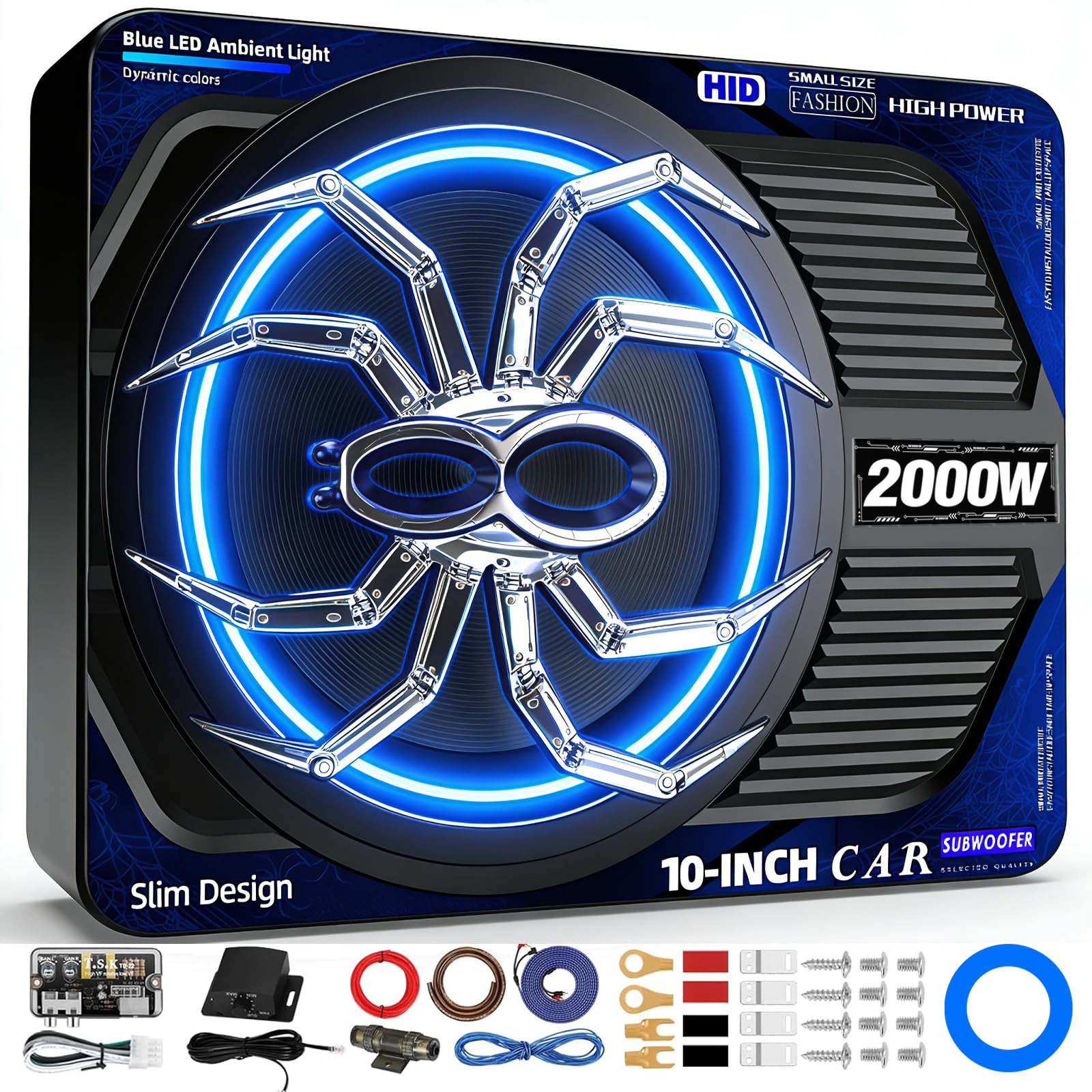 2000W 10 Inch Underseat Car Subwoofer and Amp Package, Slim Powered Under Seat Sub with Built-in Class D Amp and DSP, Blue LED Switch, Low Pass Filter, Bass Boost for Truck SUV