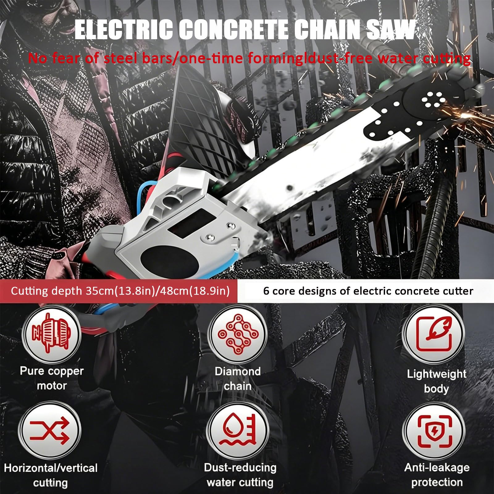 Motosierra Eléctrica para Muros, con Profundidad de Corte de 35/48 cm, Equipo Industrial para Cortar Hormigón con Bomba de Agua, 2 Cadenas y 2 Barras Guía para Granito, Hormigón y Piedra