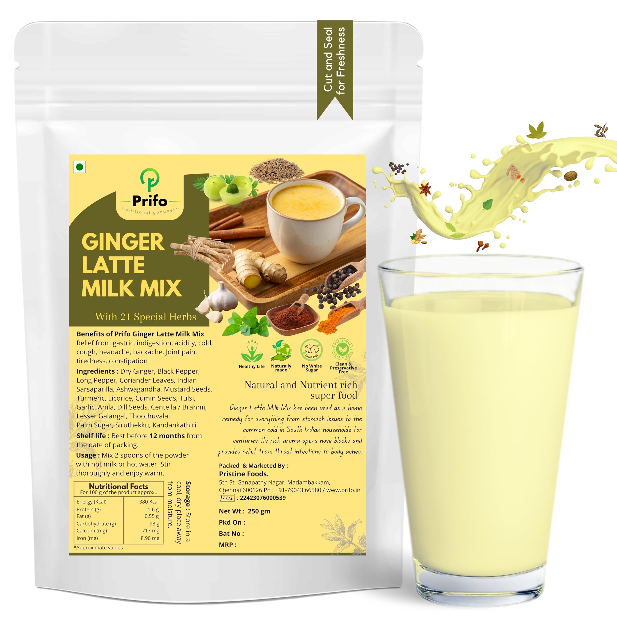 Prifo Herbal Ginger Latte Mix | Ayurvedic Immunity Drink with Ginger, Turmeric & Tulsi | Instant Kadha Milk Mix | Cough & Cold Relief | No Preservatives | 250g-image-13