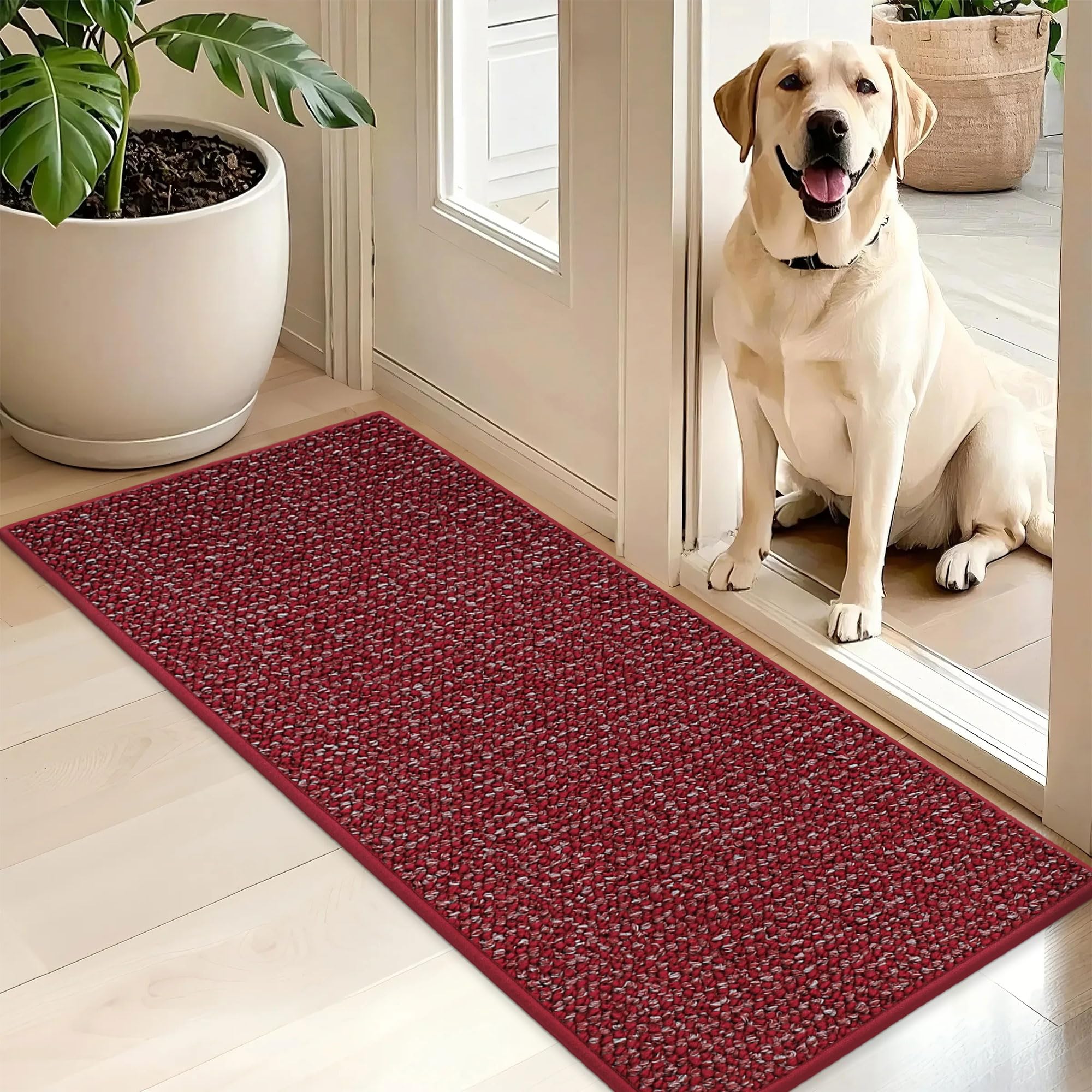 BEQHAUSE Dirt Trapper Door Mat 20" x 48", Non-Slip Washable Doormats, Red