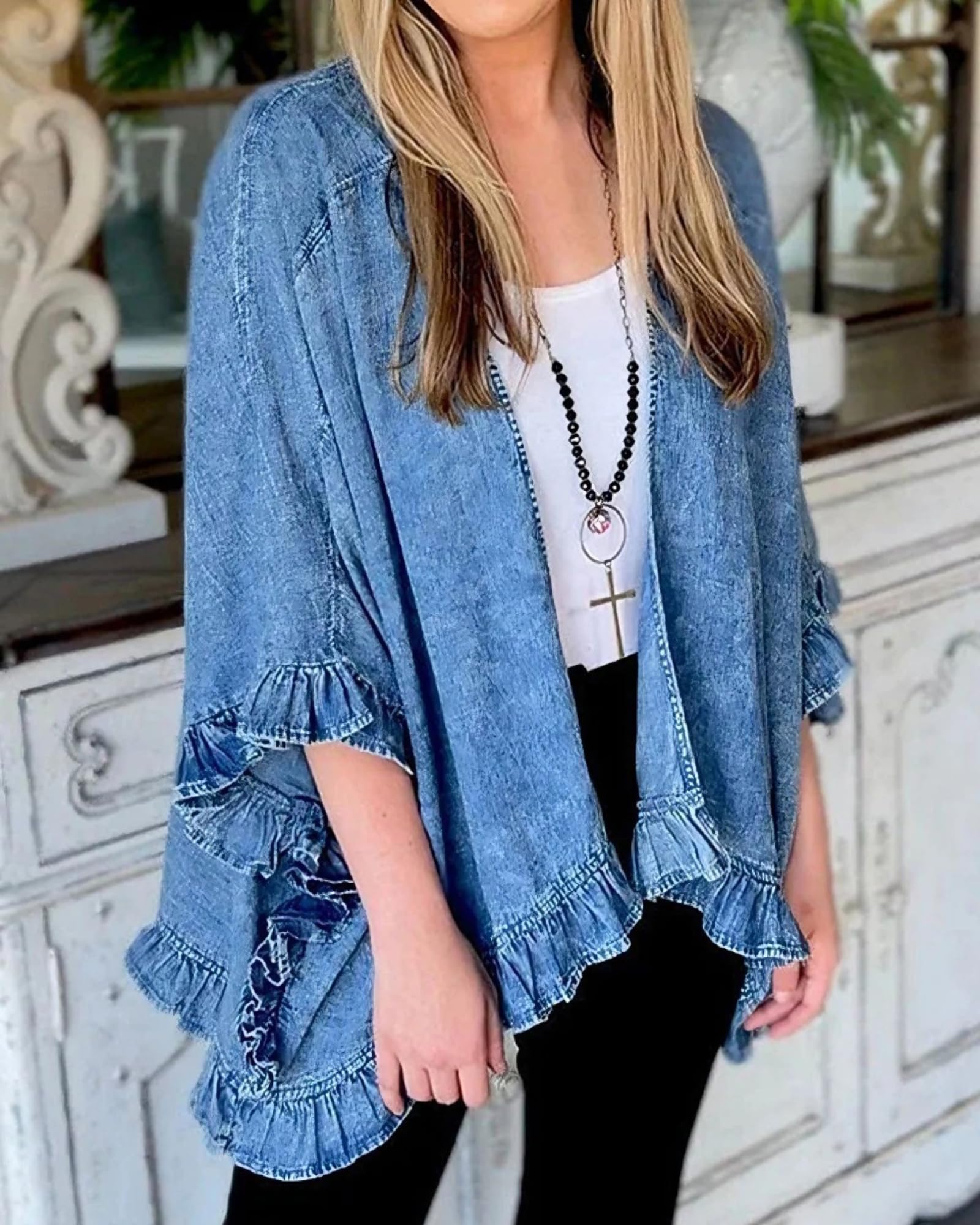 Damski dżinsowy kardigan kimono z falbaną