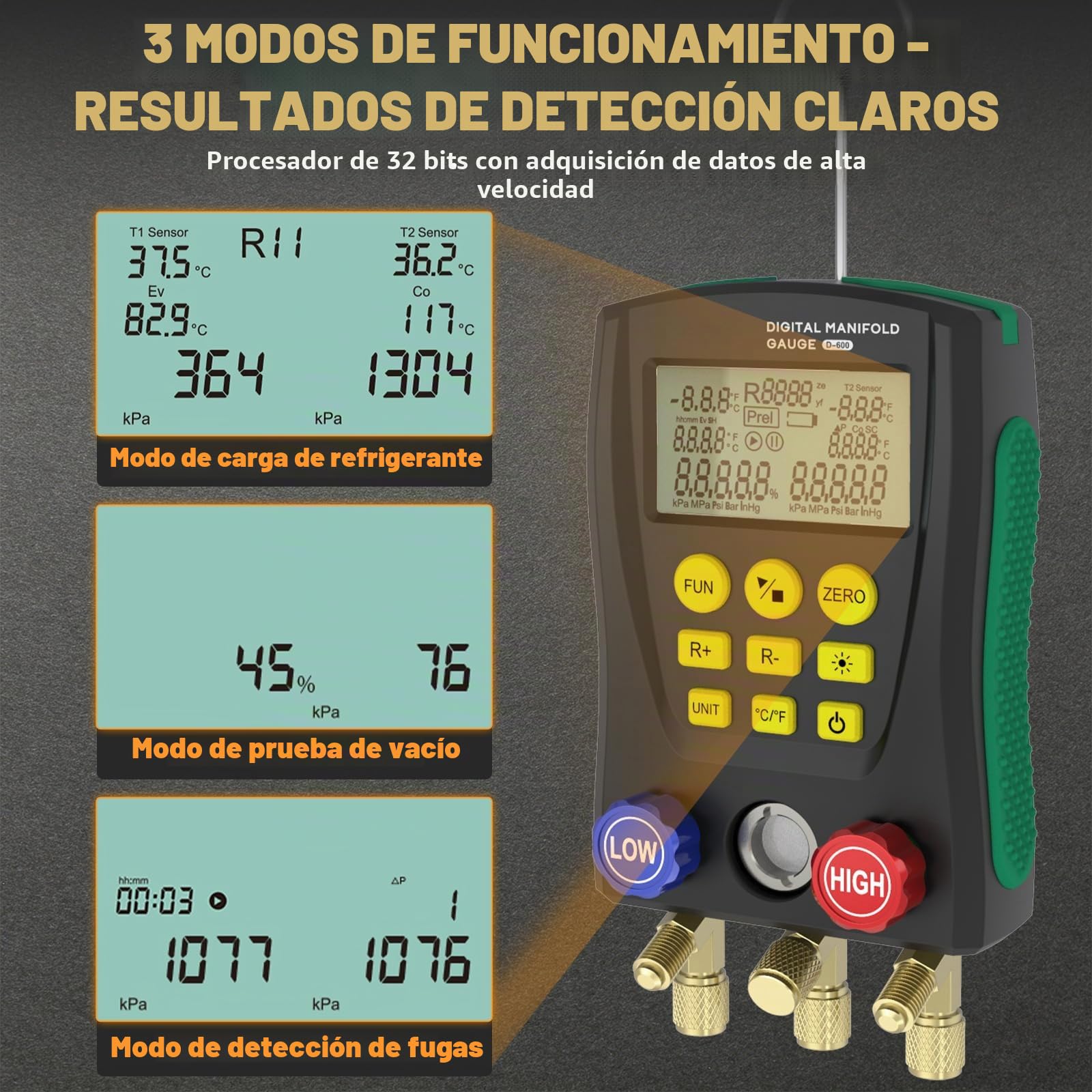 Manómetro digital HVAC medidor vacío temperatura refrigerantes | Compatible con 93 gases R32/R134a/R1234yf, doble lectura presión-temperatura, mangueras pinzas y maletín incluido