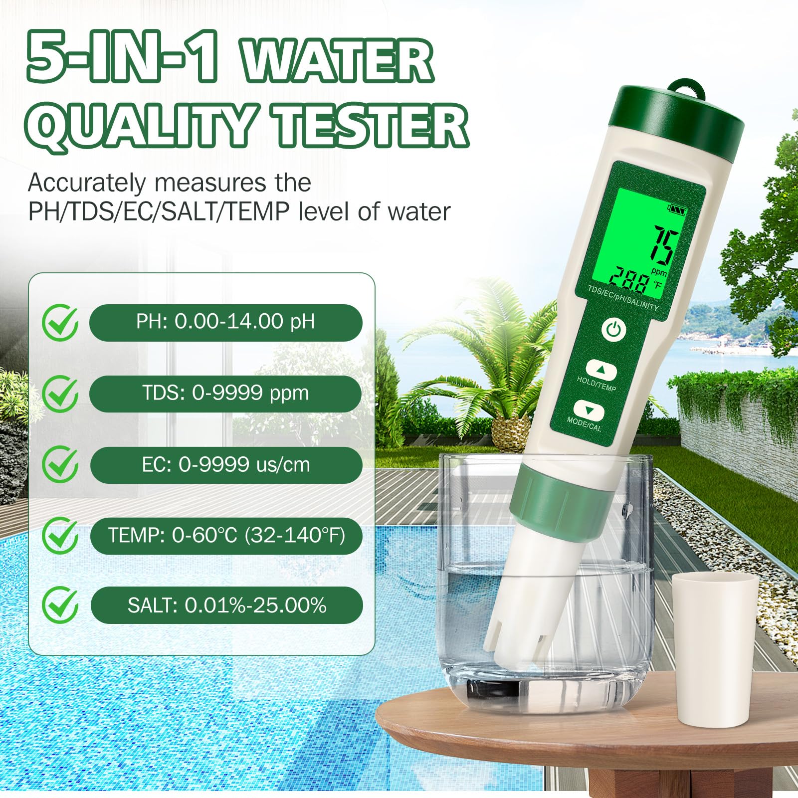 Testeur pH 5 en 1 Numérique, pH Mètre avec Automatique de la Température, Précision 0.01, Mesure pH, TDS, EC, Salinité et Température, Testeur d'Eau pour Piscine, Hydroponie, Aquarium, Eau Potable