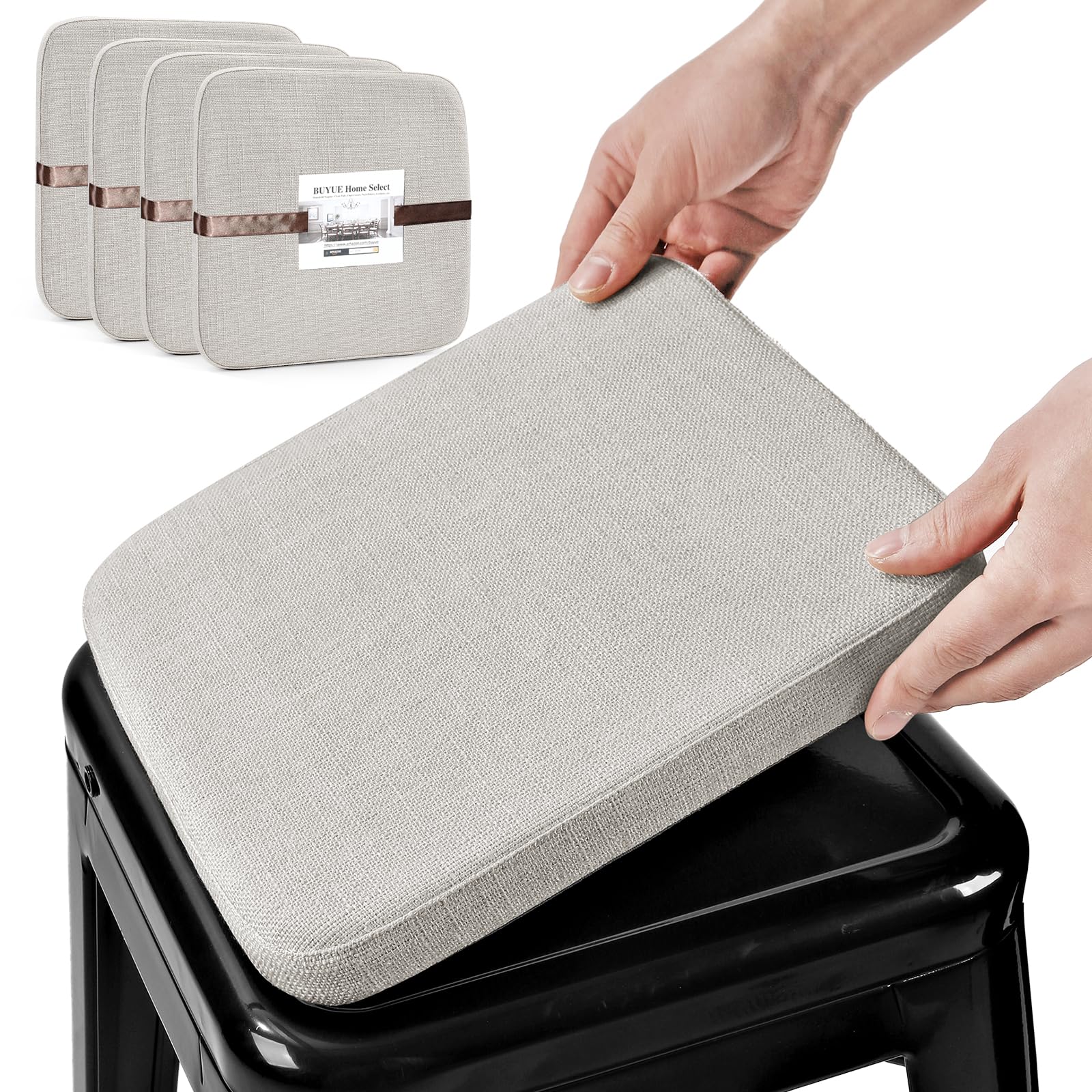 BUYUE Friendly Woven Fabric Magnetic Bar Stool Cushions Set of 4, Enhanced Anti-Slip Breathable Small Chair Seat Pads for Café Bistro Stackable Metal Stools (Square, Light Grey, 4 Counts)