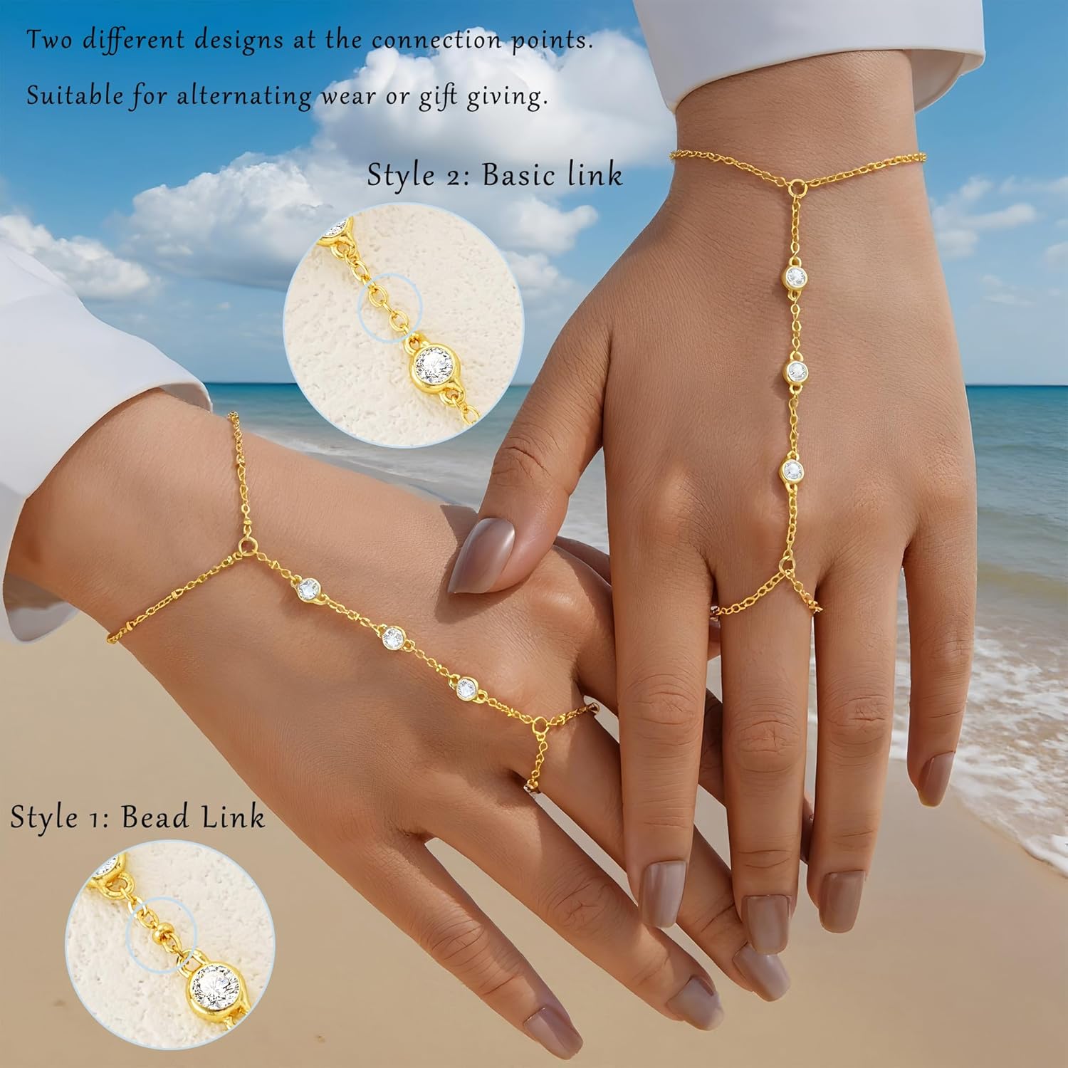 YEEZII Gold Hand Chain Bracelets for Women, 2 Pcs 14k Gold Plated Cubic Zirconia Link Chain Bracelet Set, Trendy ring bracelet hand chain Jewelry for Her - Image 2