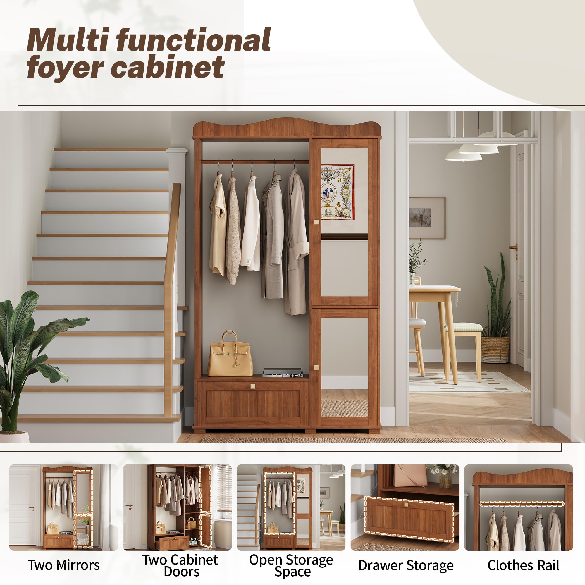 Conjunto de Armario/Perchero Recibidores de Entrada con Espejo, Juego de Mueble Recibidor con Barras para Colgar Ropa y Cajones, Armario Entrada, 115.5x38.5x194.5 cm, Color Nogal