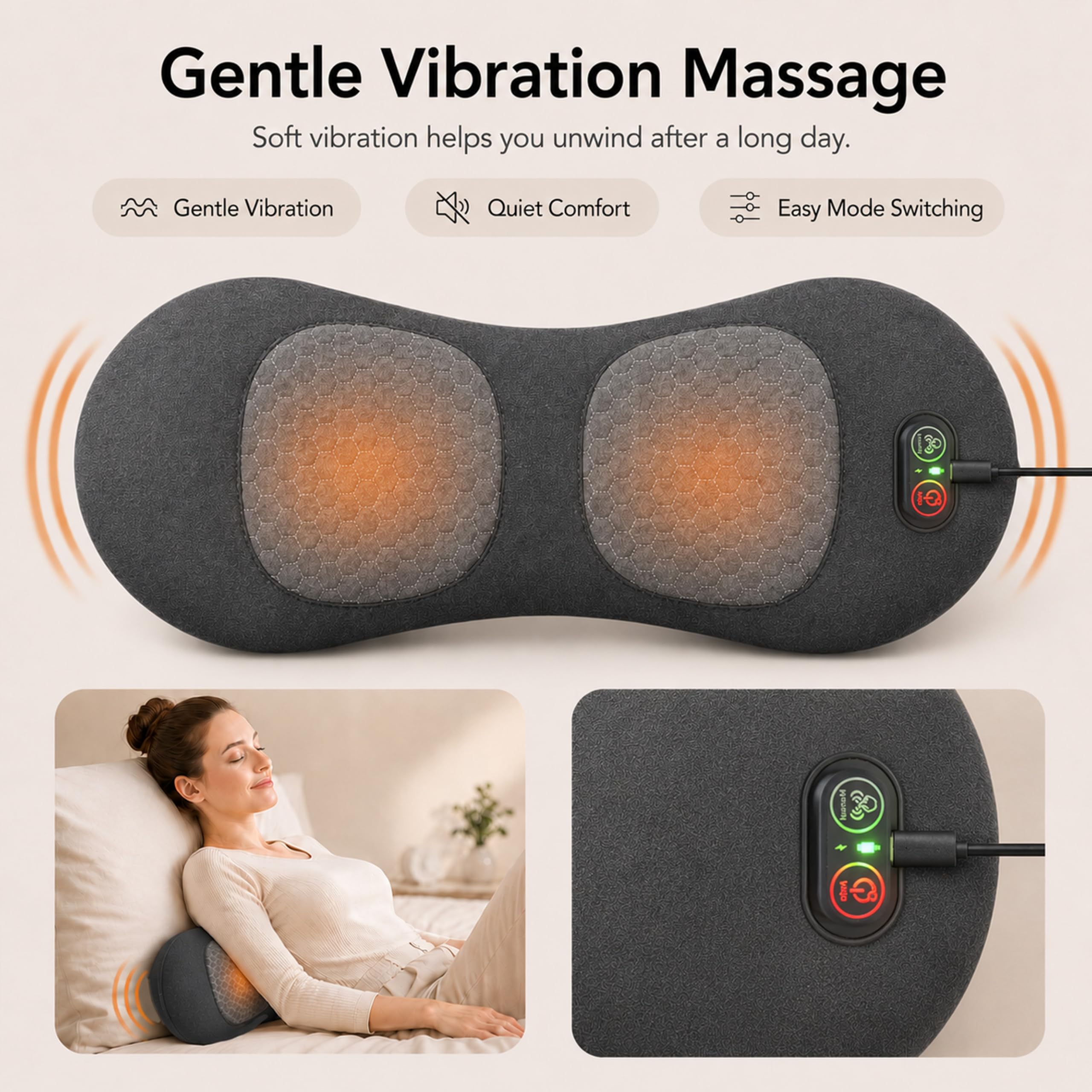 Cuscino massaggiatore elettrico 3 in 1 per schiena, ergonomico, con supporto lombare regolabile e calore delicato, comodo cuscinetto alimentato tramite USB, per letto, sedia e scrivania