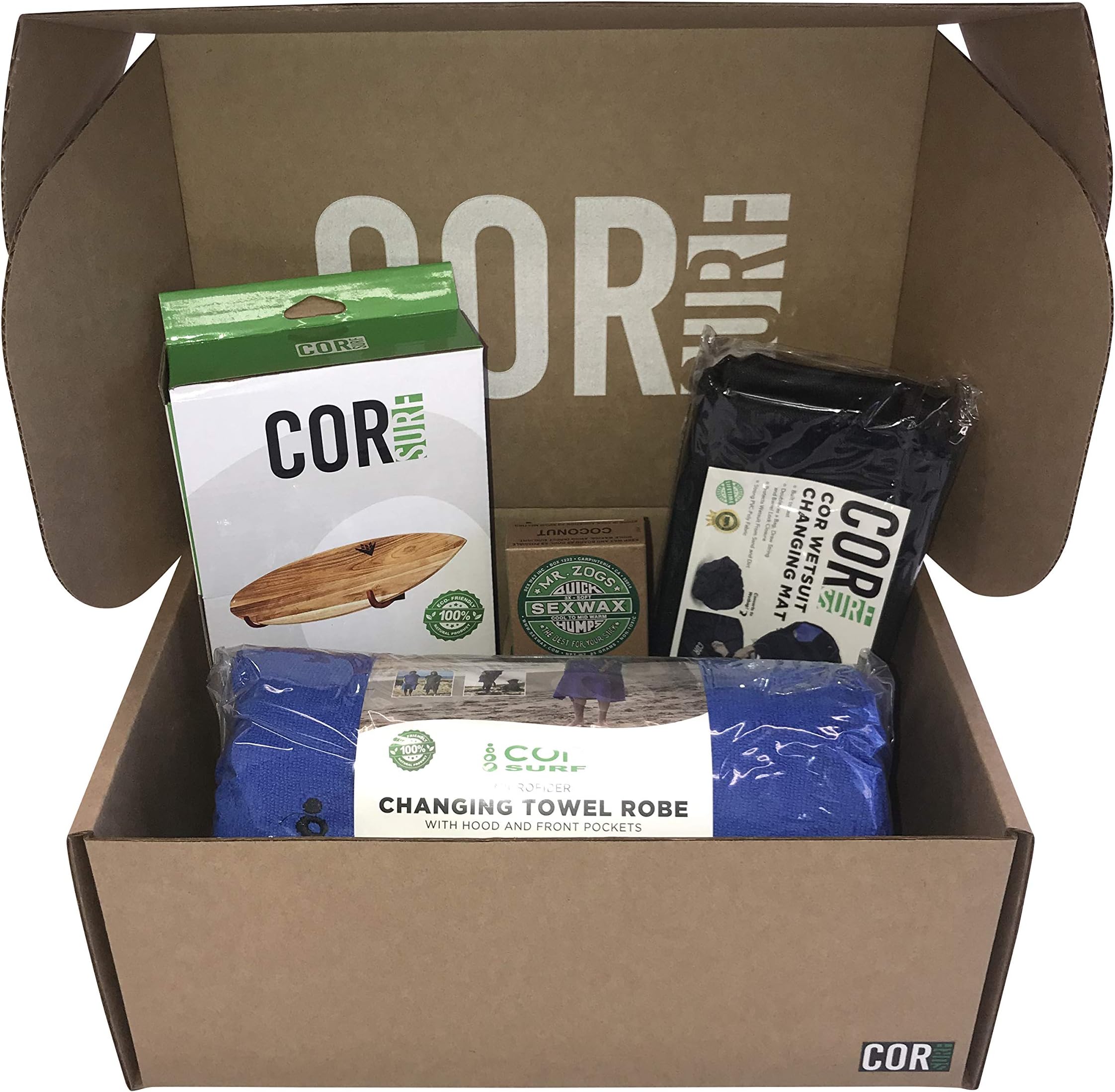 COR SurfSurfing Gift Box Bundle (4 Items) Includes Microfiber Changing Poncho | Wetsuit Changing Mat | Surfboard Wall Rack | Surf Wax All-in-one Gift Set