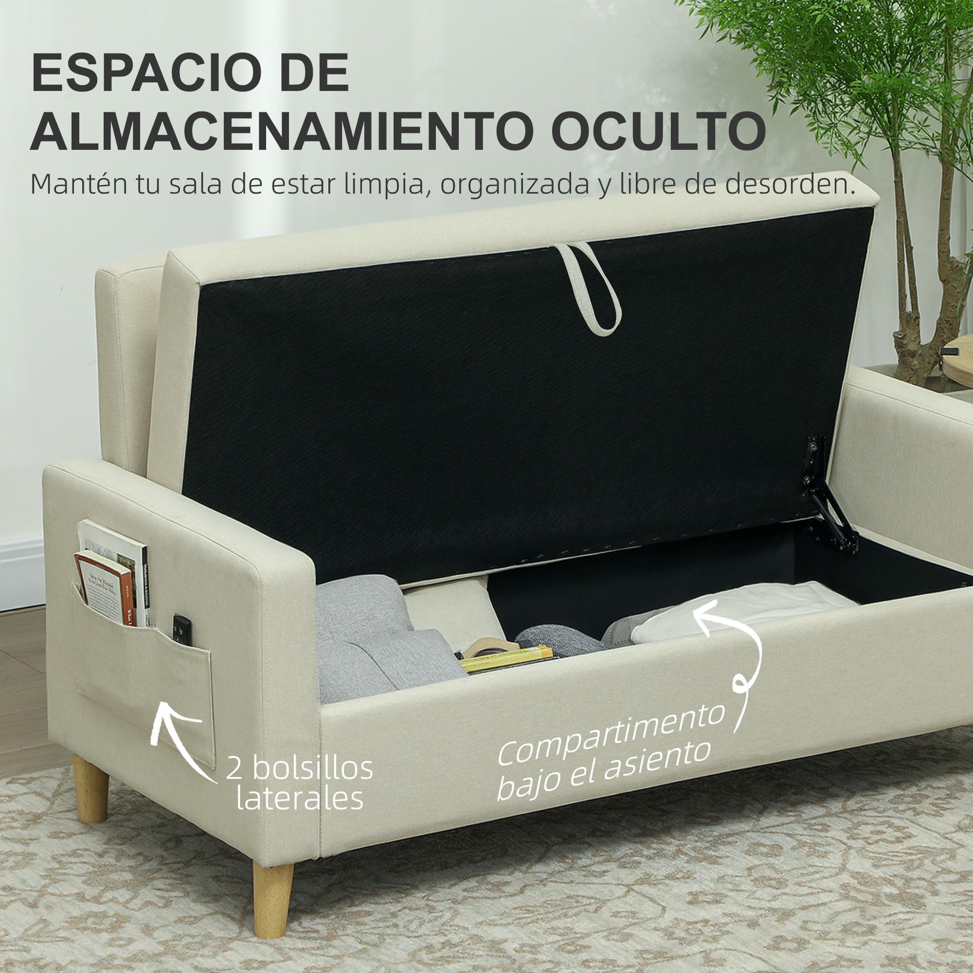 HOMCOM Sofá de 2 Plazas Tapizado en Lino Sintético con Espacio de Almacenamiento Oculto Sofá de Salón con 2 Almohadas Bolsillo y Patas de Madera Carga 240 kg 135x72x84 cm Beige