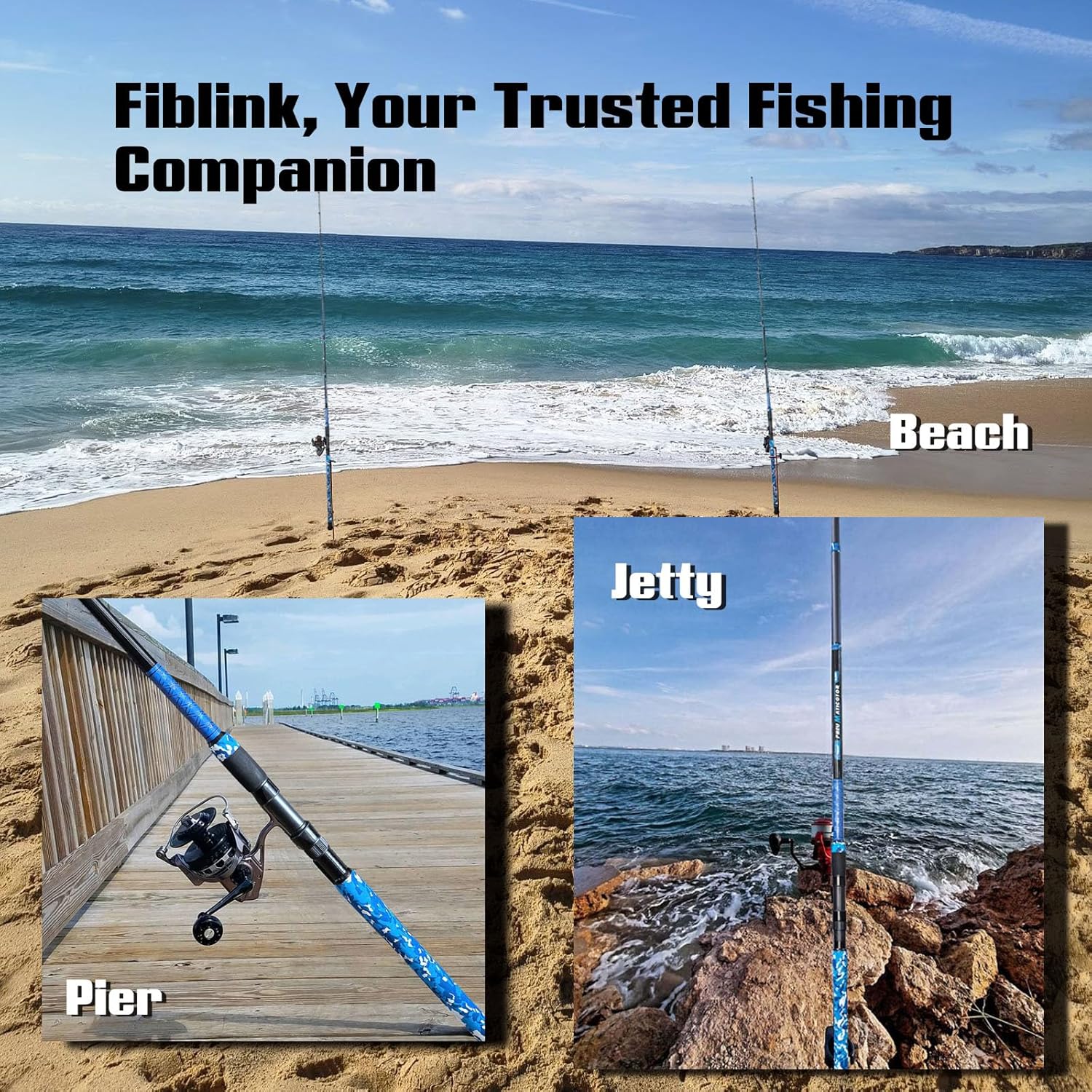 Fiblink Surf Rod,Portable Travel Fishing Rod,Spinning Rod with Blue Camouflage Handle,2Piece/3Piece/4Piece Carbon Fiber Fishing Rod (9ft/10ft/12ft/14ft)
