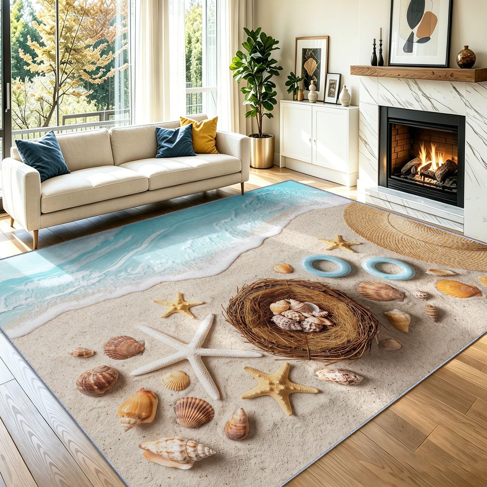 Dywan do salonu, 60 x 110 cm, beżowy, nadaje się do prania, na wakacje na wybrzeżu, antypoślizgowy, miękki, zmywalny obszar, do salonu, sypialni, jadalni, biura, niskie runo, plaża, rozgwiazda