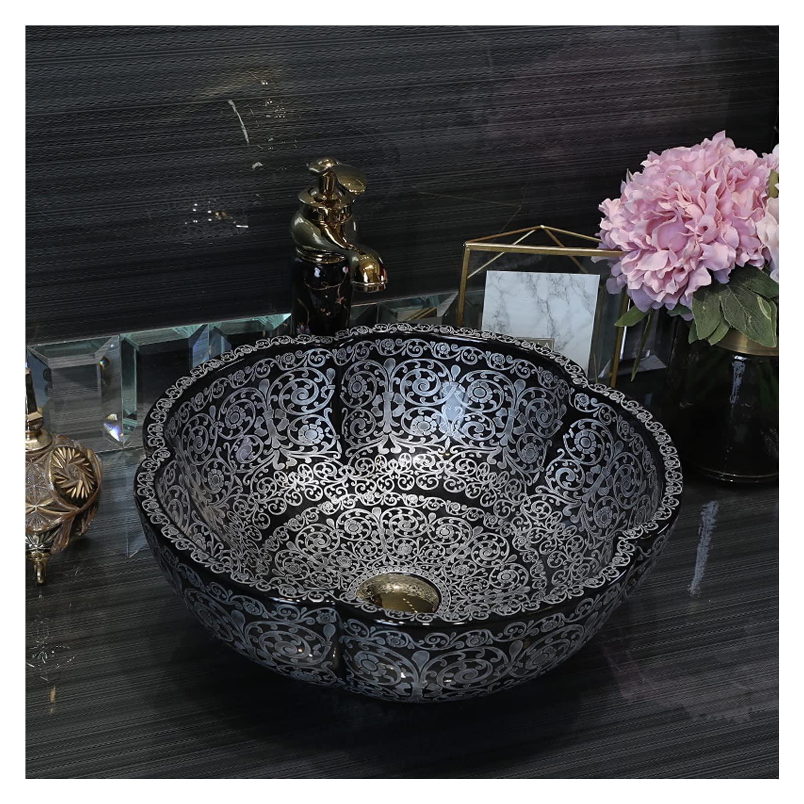 Sjdopulse Black Petal Shape Vessel Sink, Luxury Bathroom Artistic Porcelain Vessel Bowl With Faucet Pop-Up Drain, Above Counter Lavatory Vanity Art Basin,