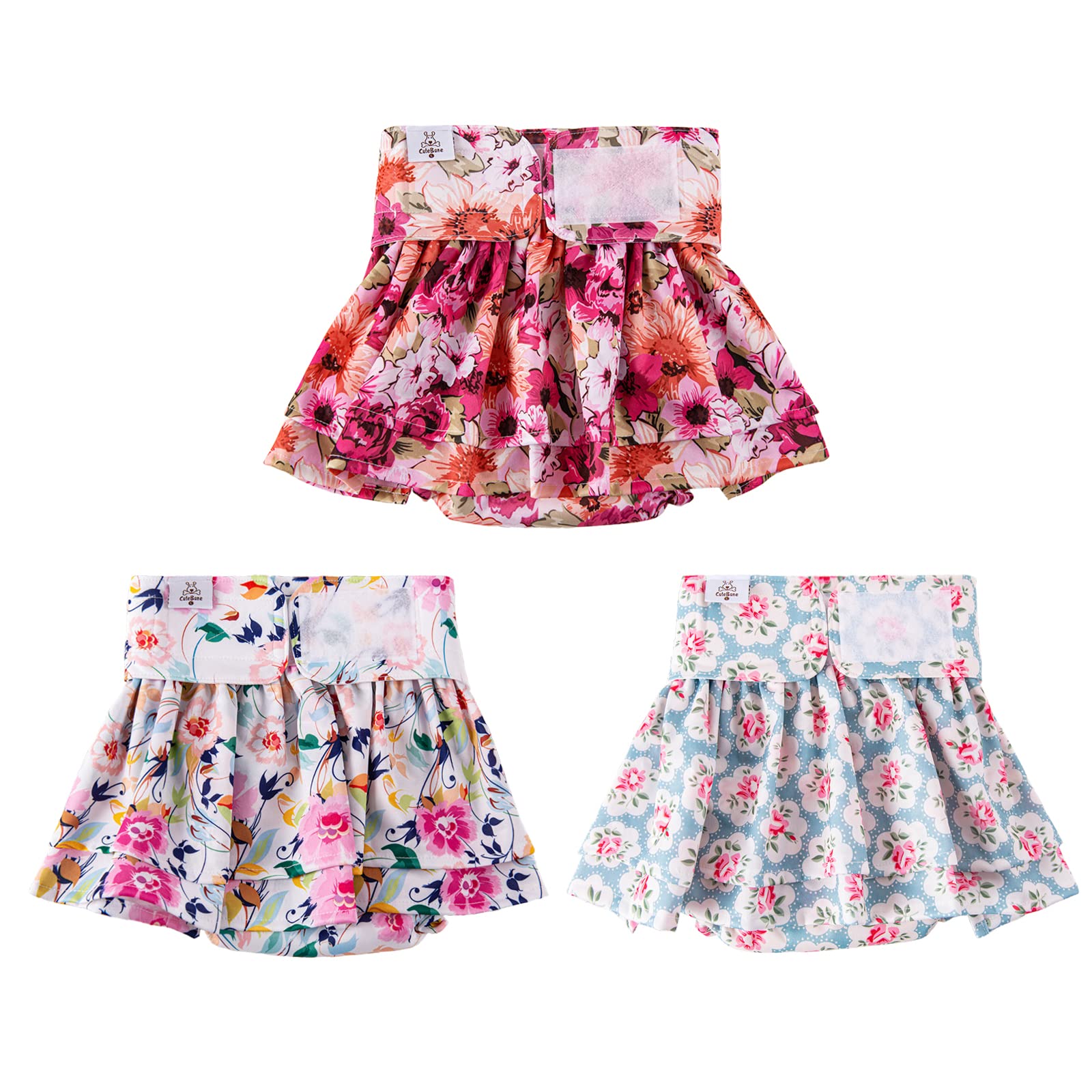 CuteBone Female Dog Diapers with Skirts 3 Pack Reusable Puppy Dresses Pants for Heat Cycle Period QBD03L